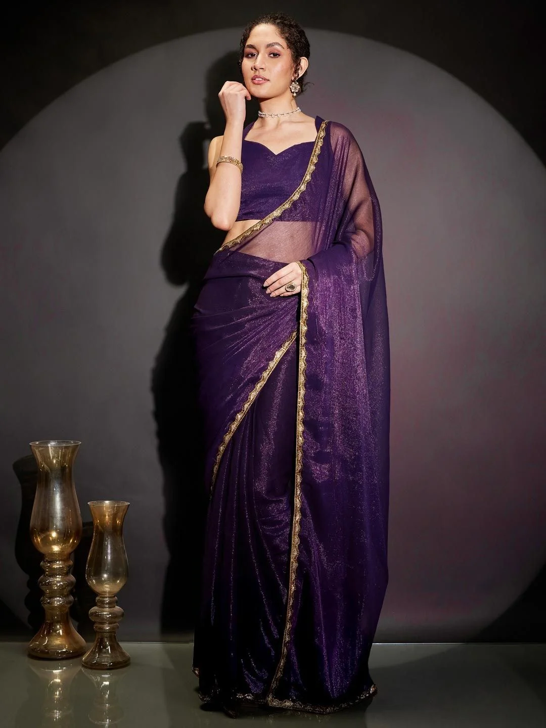 Purple Shimmer Solid Saree with Delicate Border Detailing - Image 3