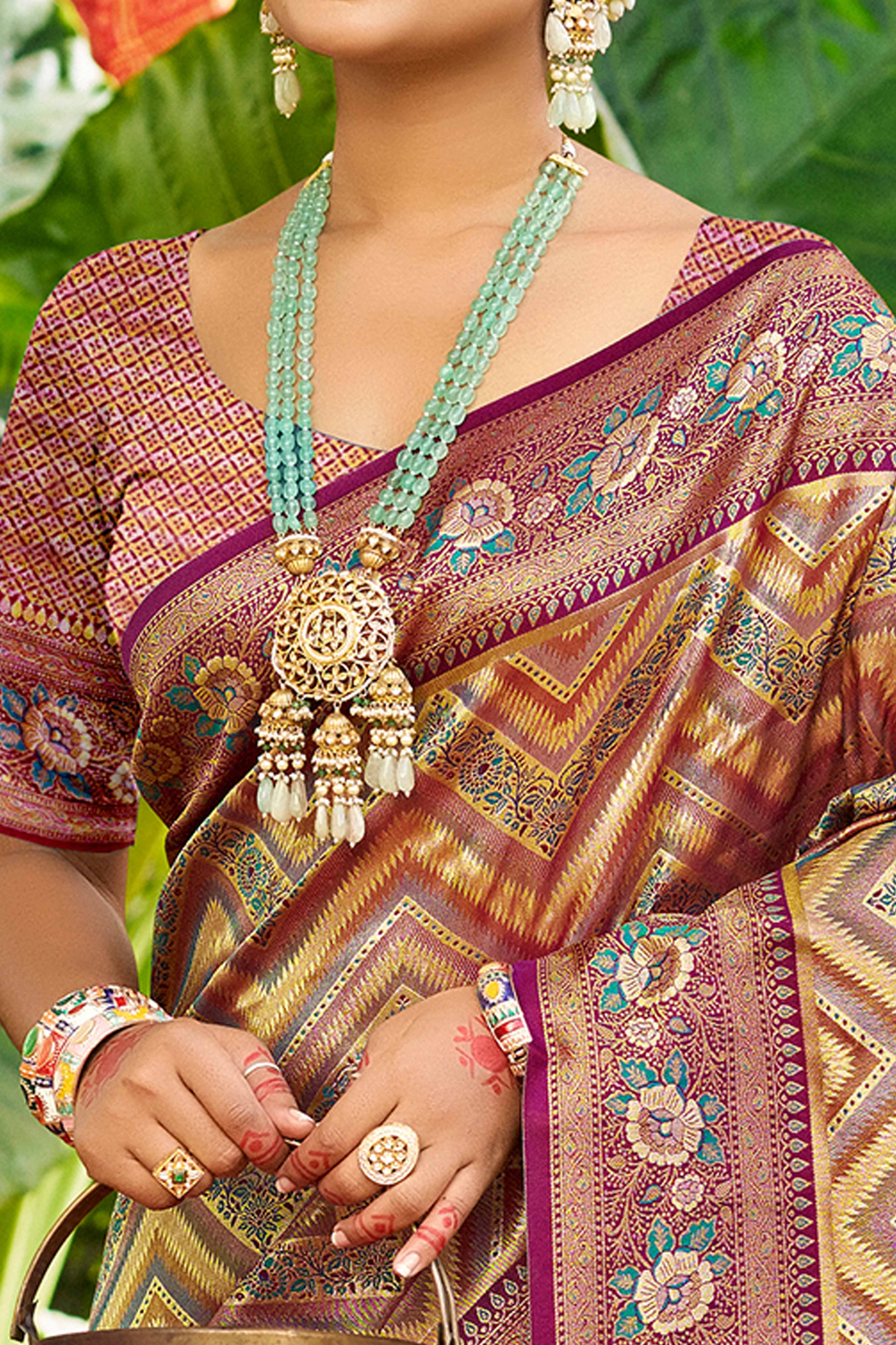Purple Silk Blend Dharmavaram Saree Featuring Floral & Zig Zag Woven Patterns With Tassel Finish - Image 2