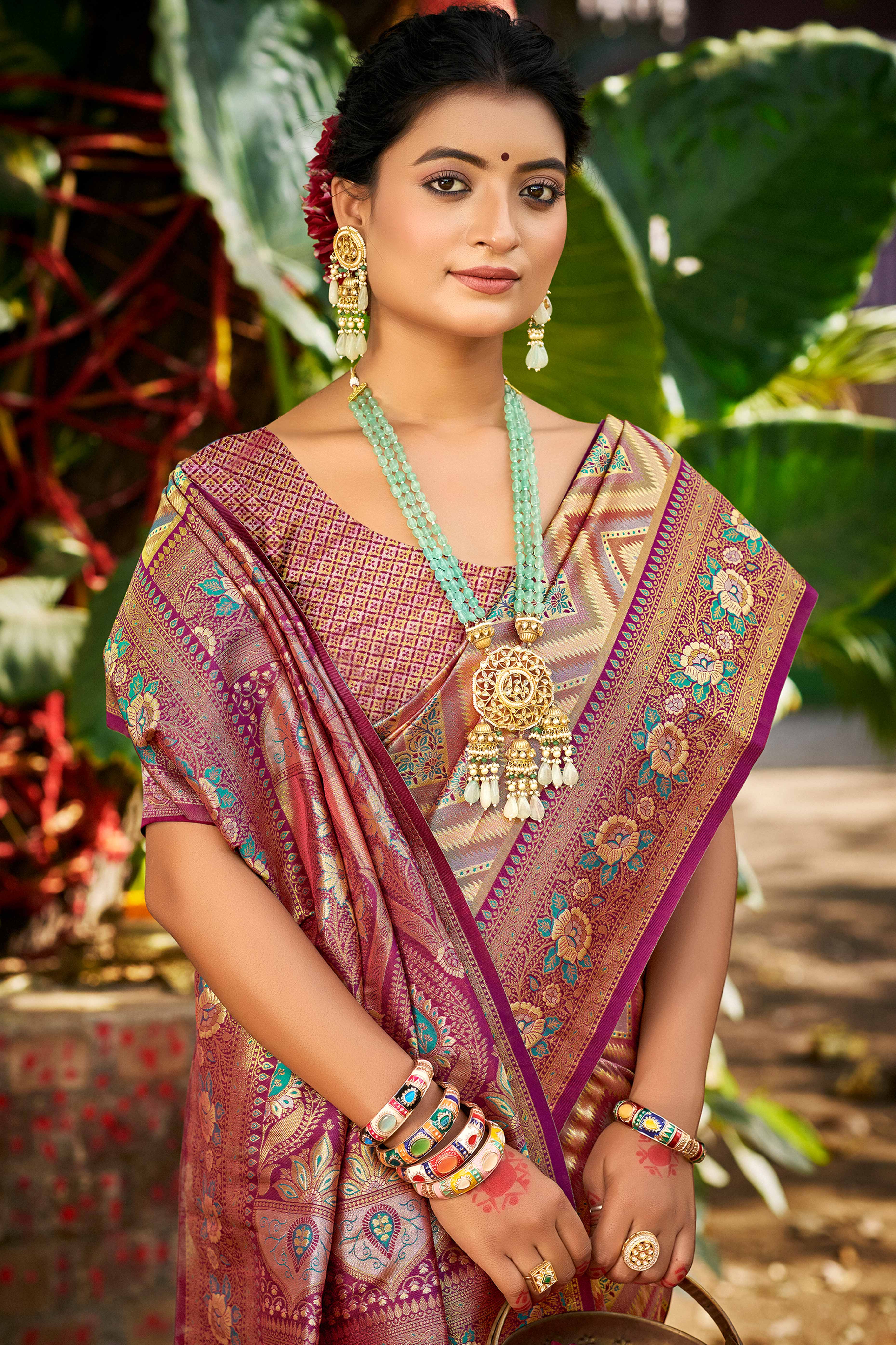 Purple Silk Blend Dharmavaram Saree Featuring Floral & Zig Zag Woven Patterns With Tassel Finish - Image 3