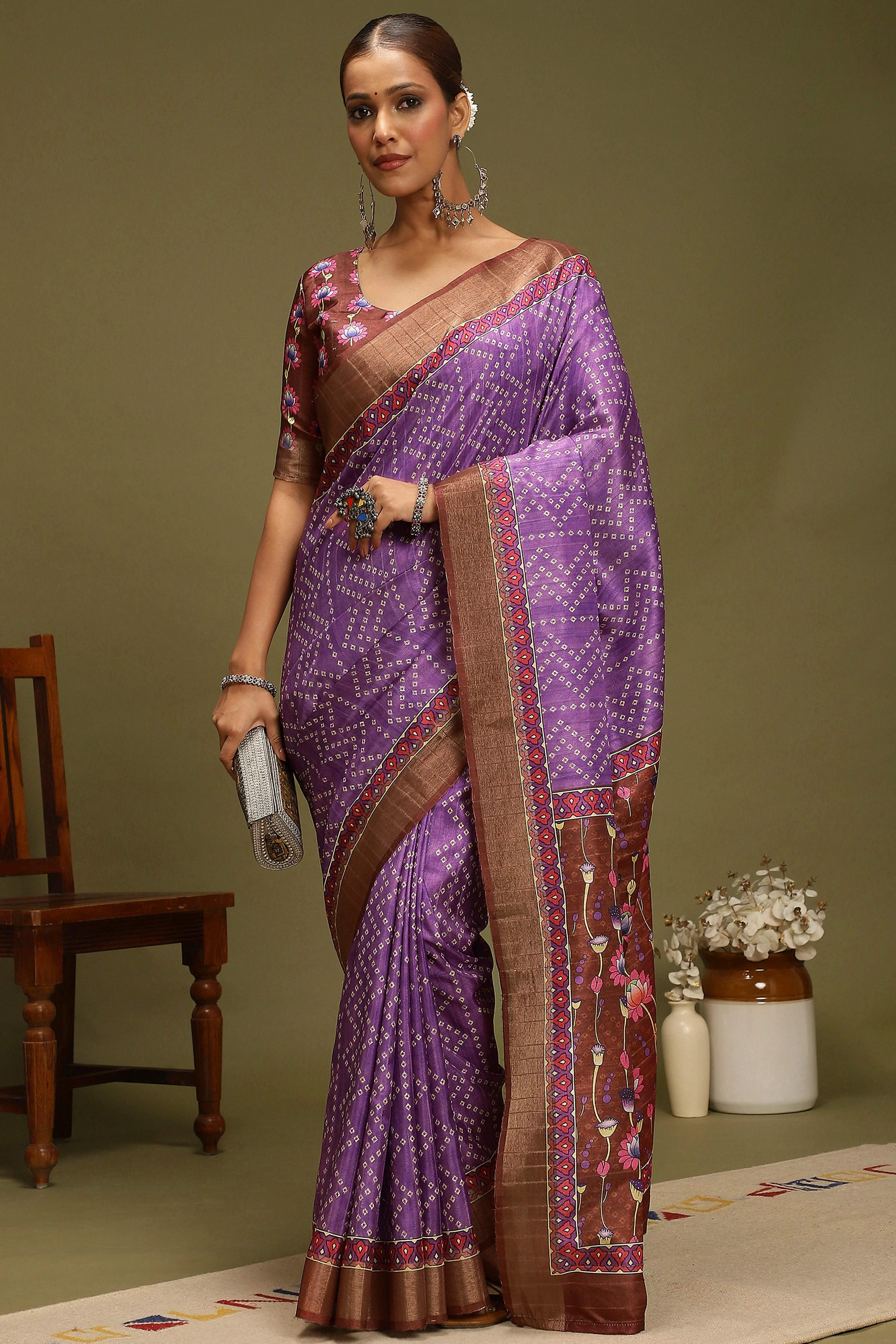 Purple Silk Blend Saree Decorated with Vibrant Bandhani Prints and Festive Detailing - Image 4