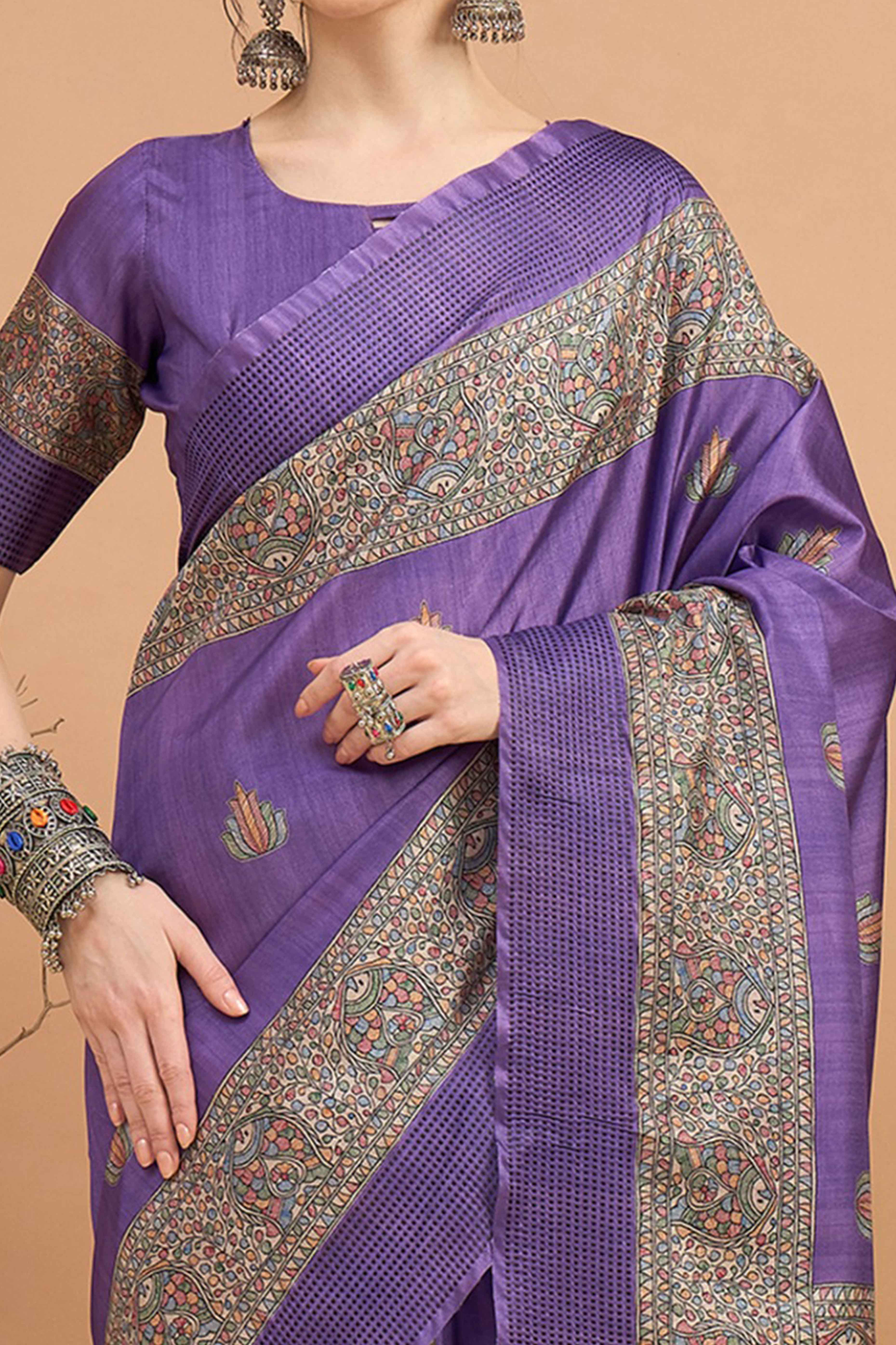 Purple Silk Blend Saree with Delicate Floral Motifs - Image 2
