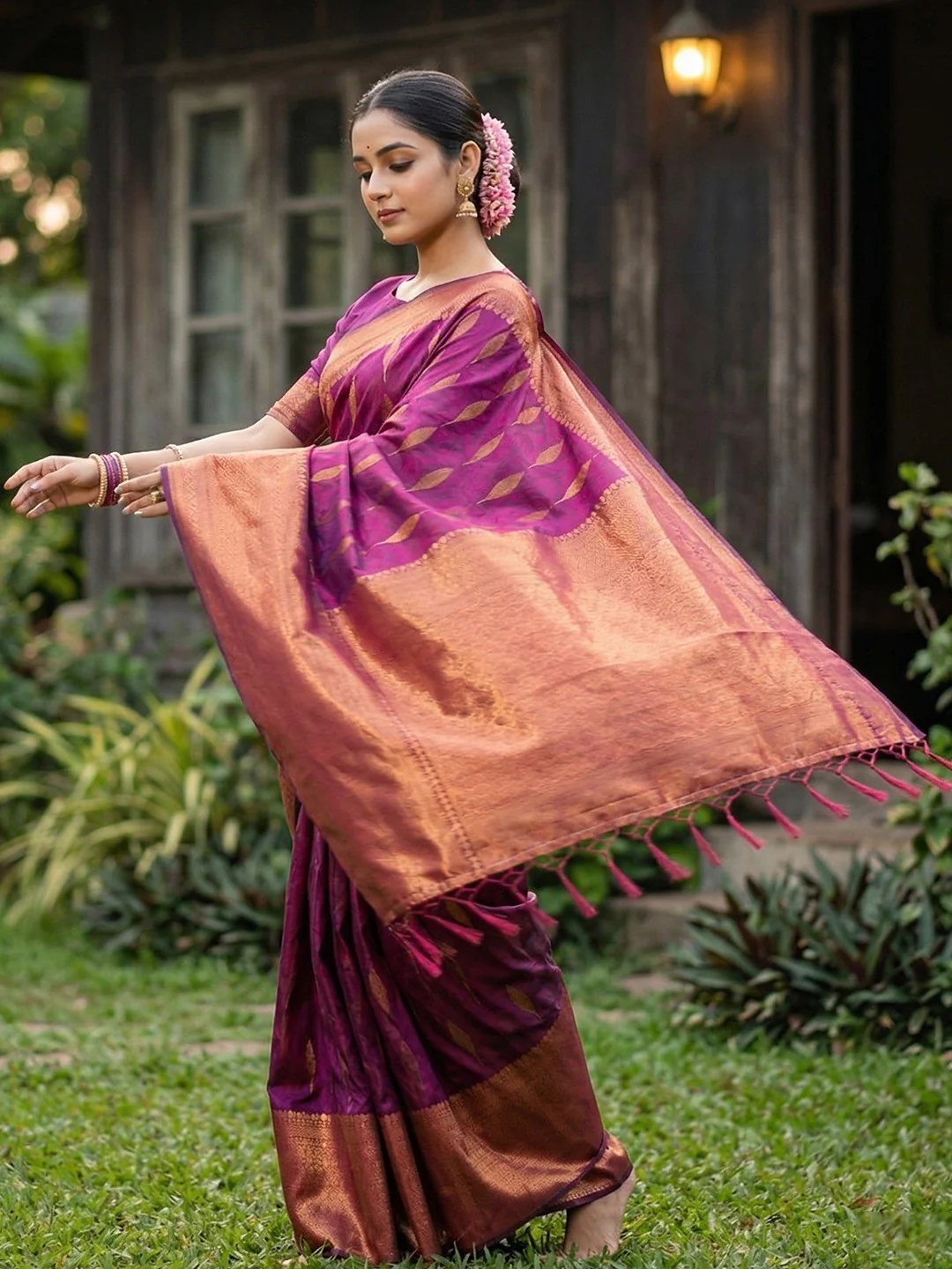 Purple Silk Blend Saree with Elegant Woven Design and Border Classic Ethnic Style - Image 3