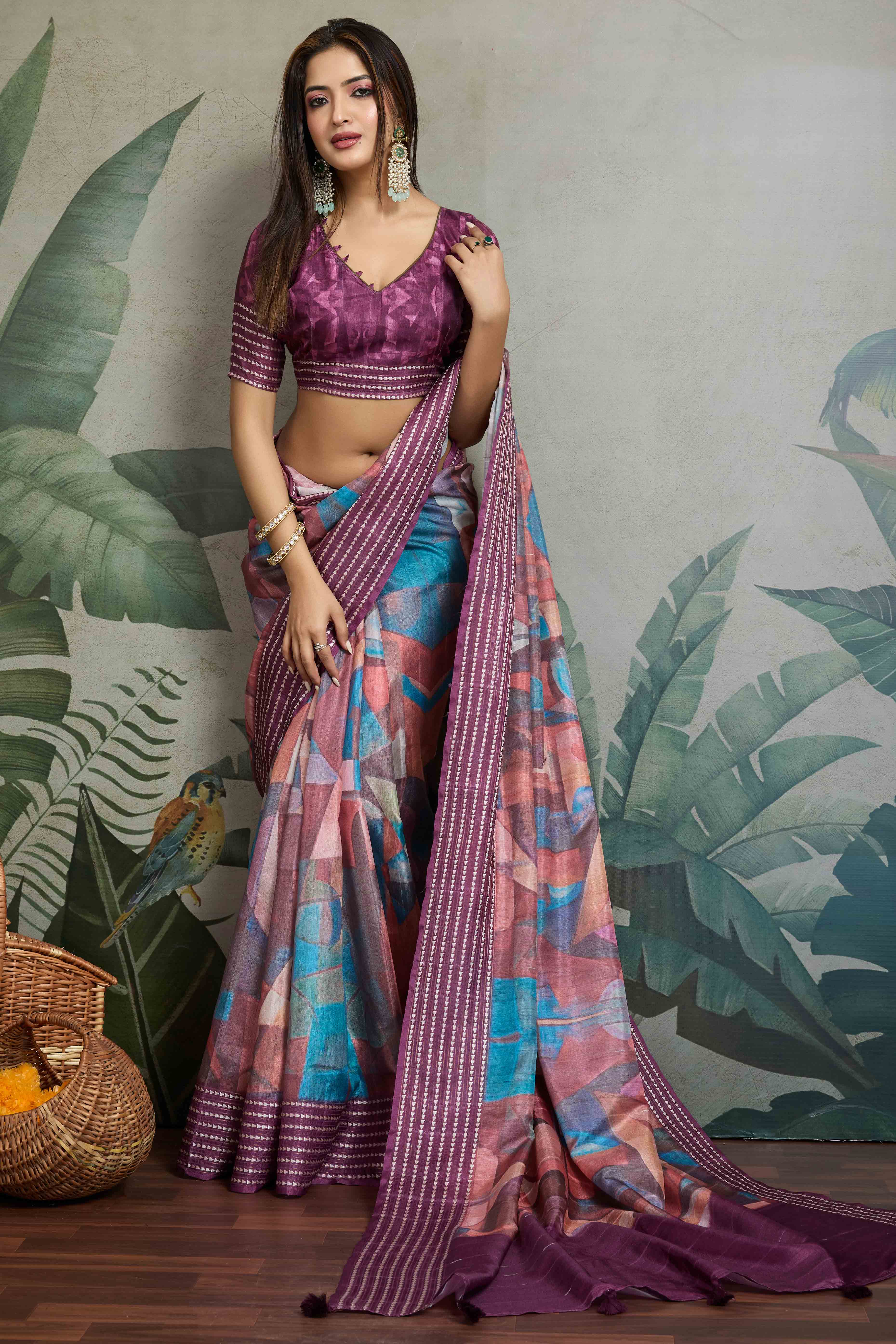 Purple Silk Blend Saree with Geometric Print - Image 3