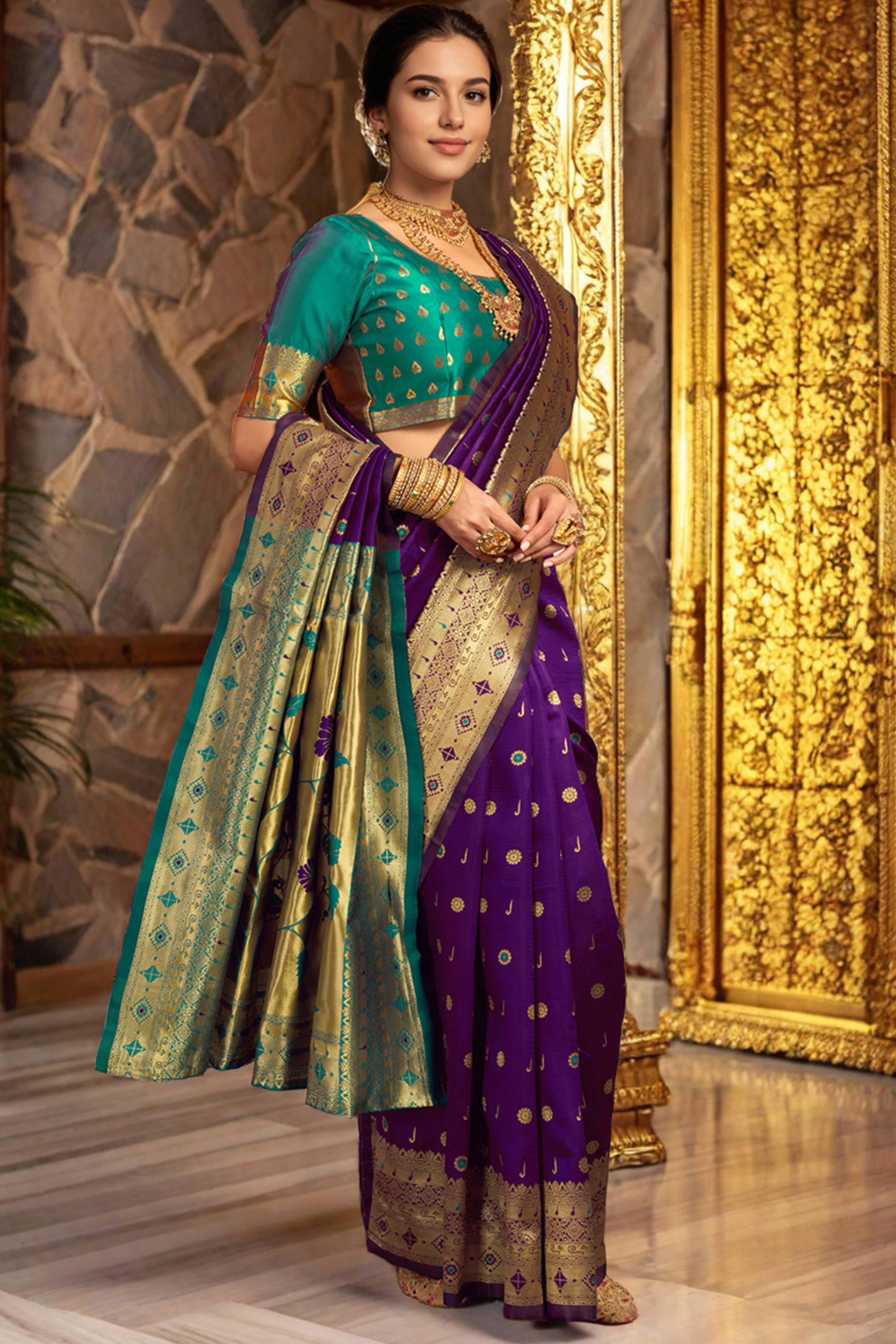 Purple Silk Blend Saree With Traditional Paithani Zari Weaving Of Peacock & Floral Designs - Image 3