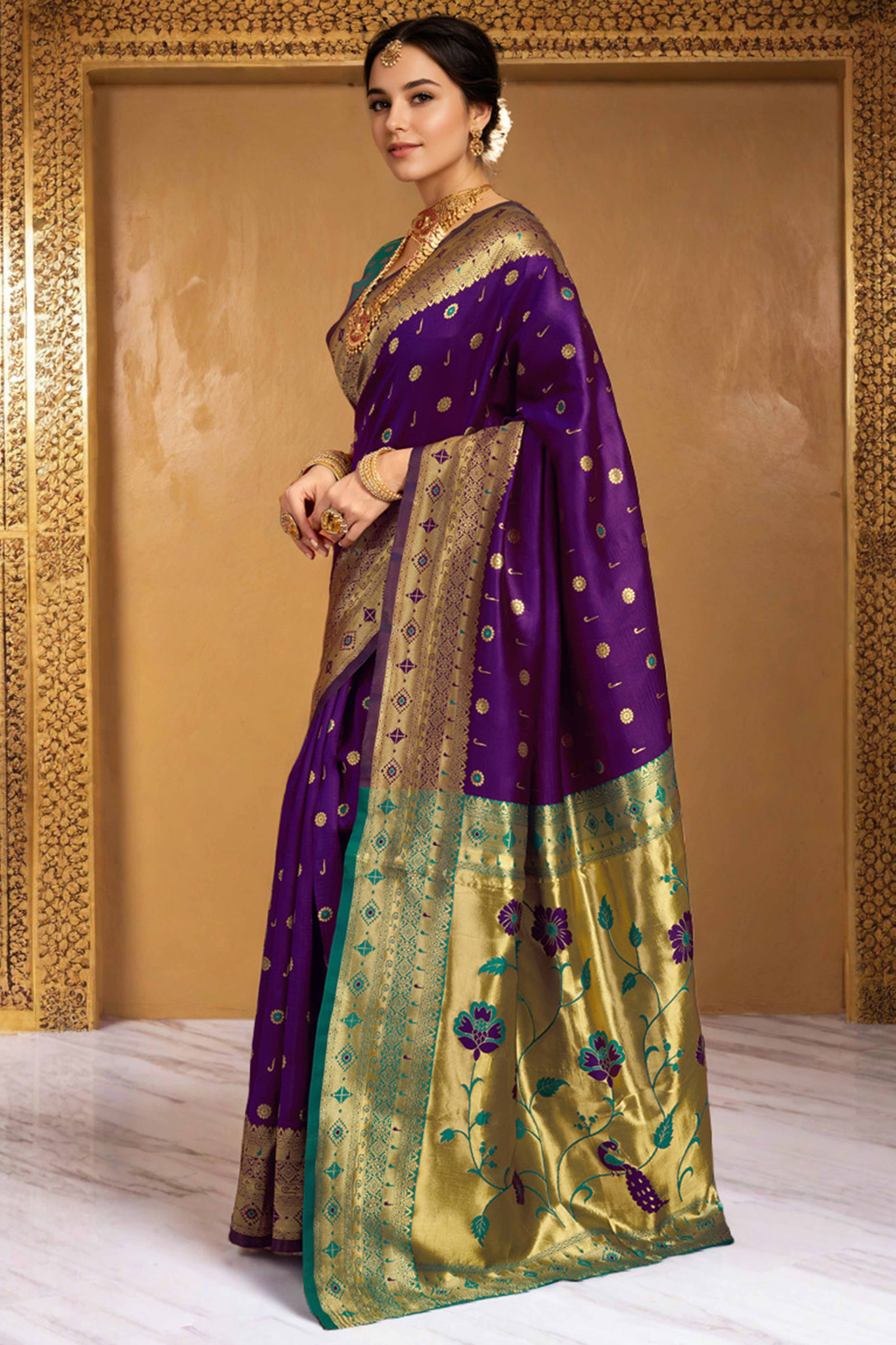 Purple Silk Blend Saree With Traditional Paithani Zari Weaving Of Peacock & Floral Designs - Image 4