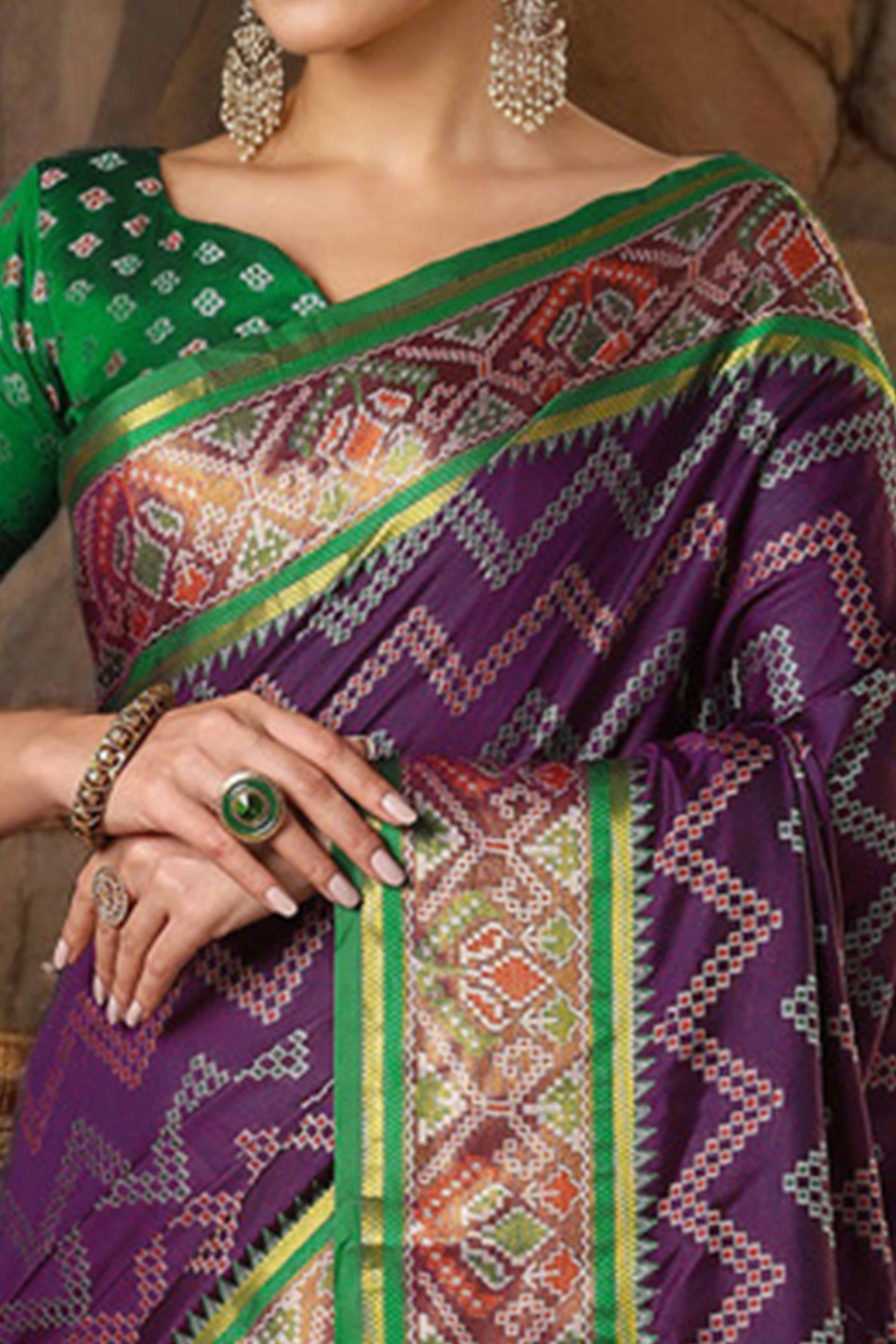 Purple Silk Blend Saree With Traditional Zig Zag Patola Weaving & Tassel Pallu - Image 2