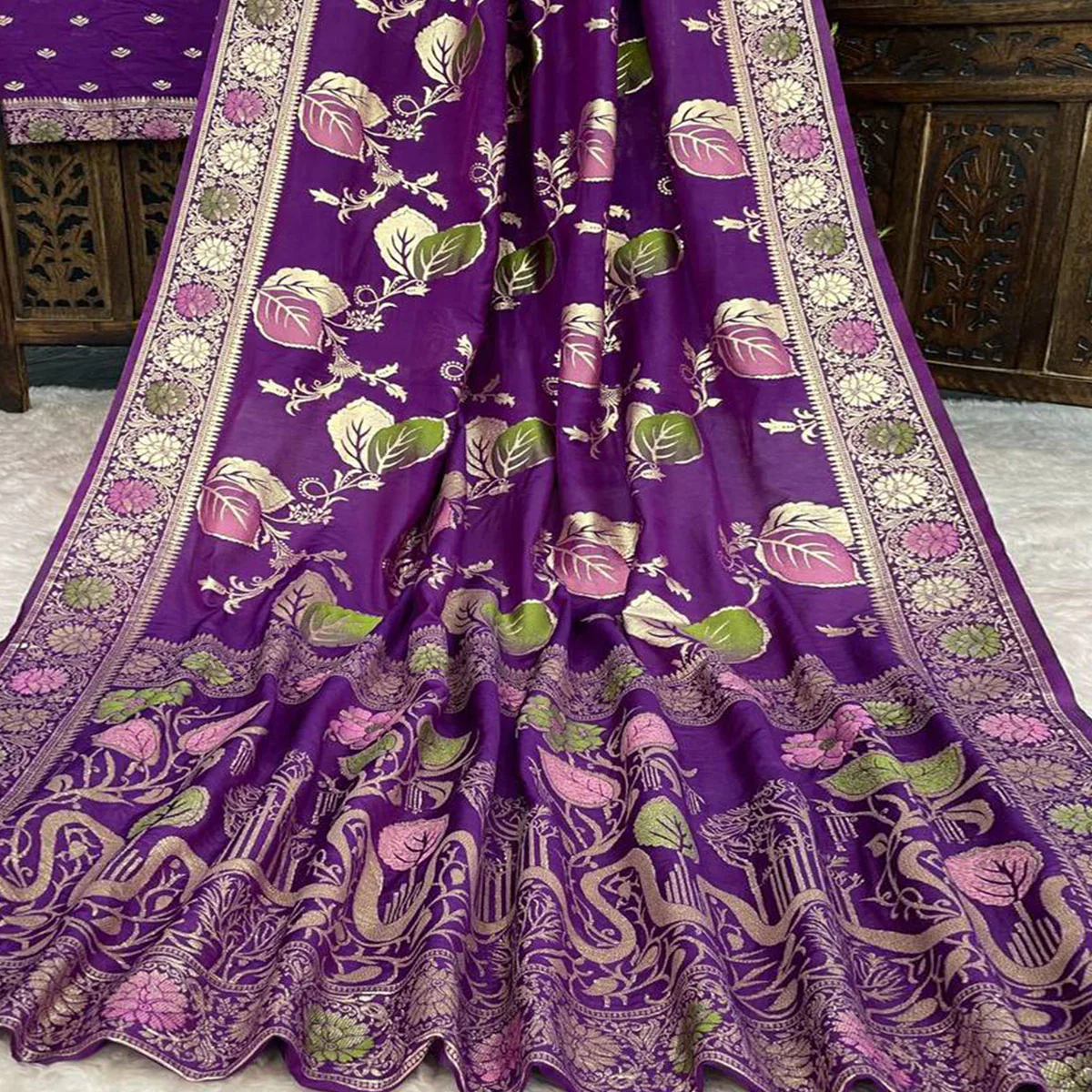 Purple Soft Dola Silk Saree Adorned with Intricate Meenakari-Style Weaving - Image 2
