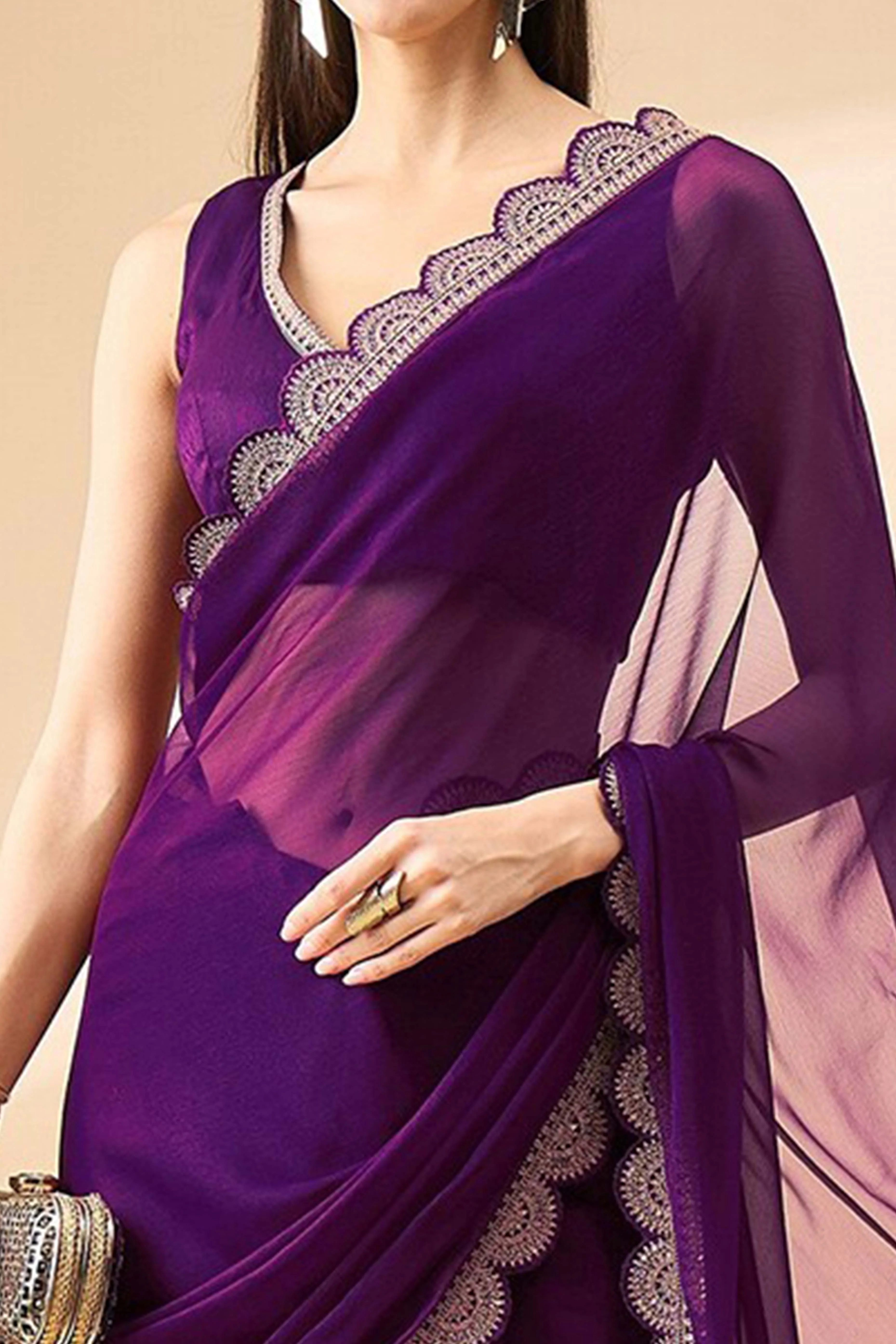 Purple Solid Chiffon Saree With Embellished Saree - Image 2