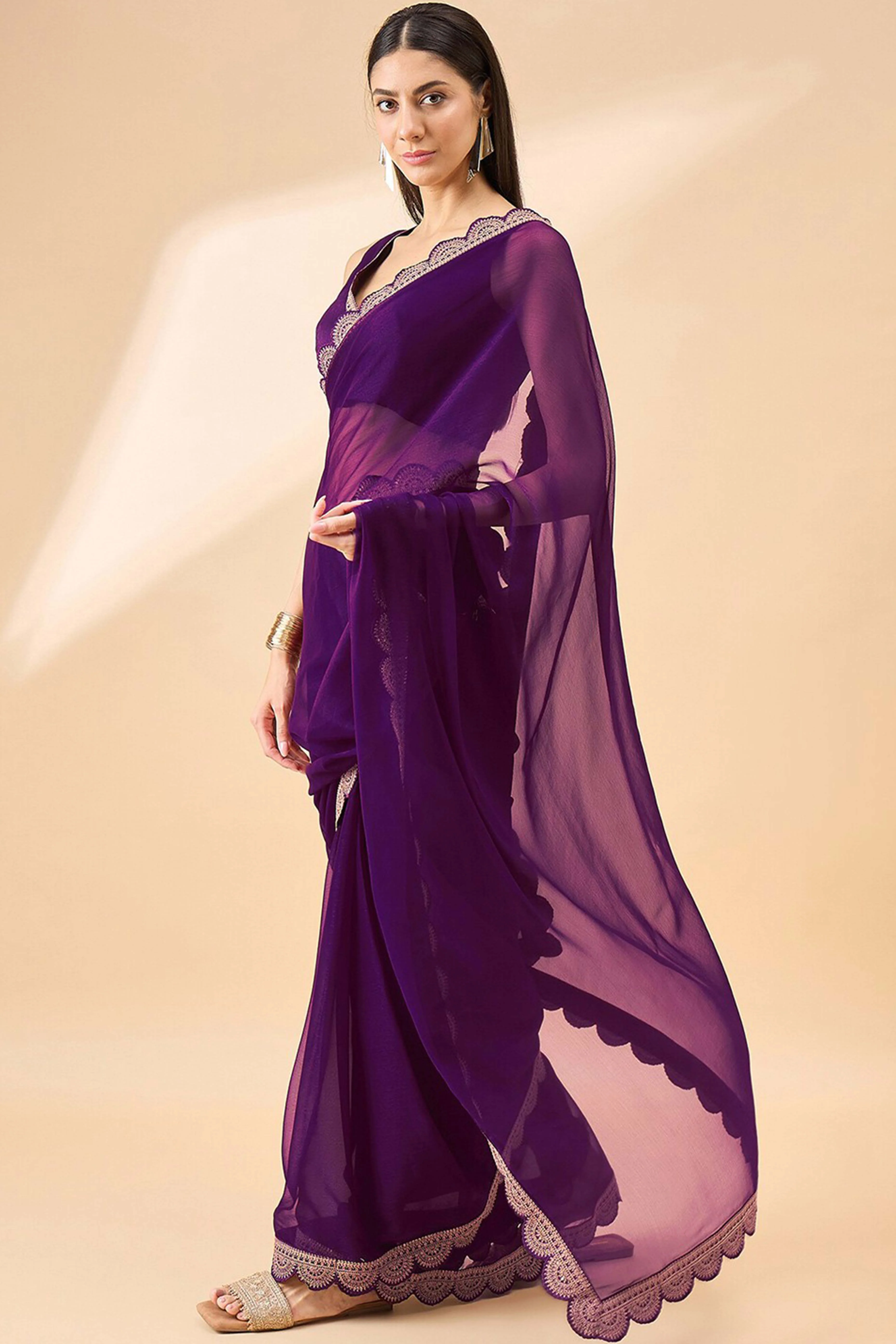 Purple Solid Chiffon Saree With Embellished Saree - Image 3