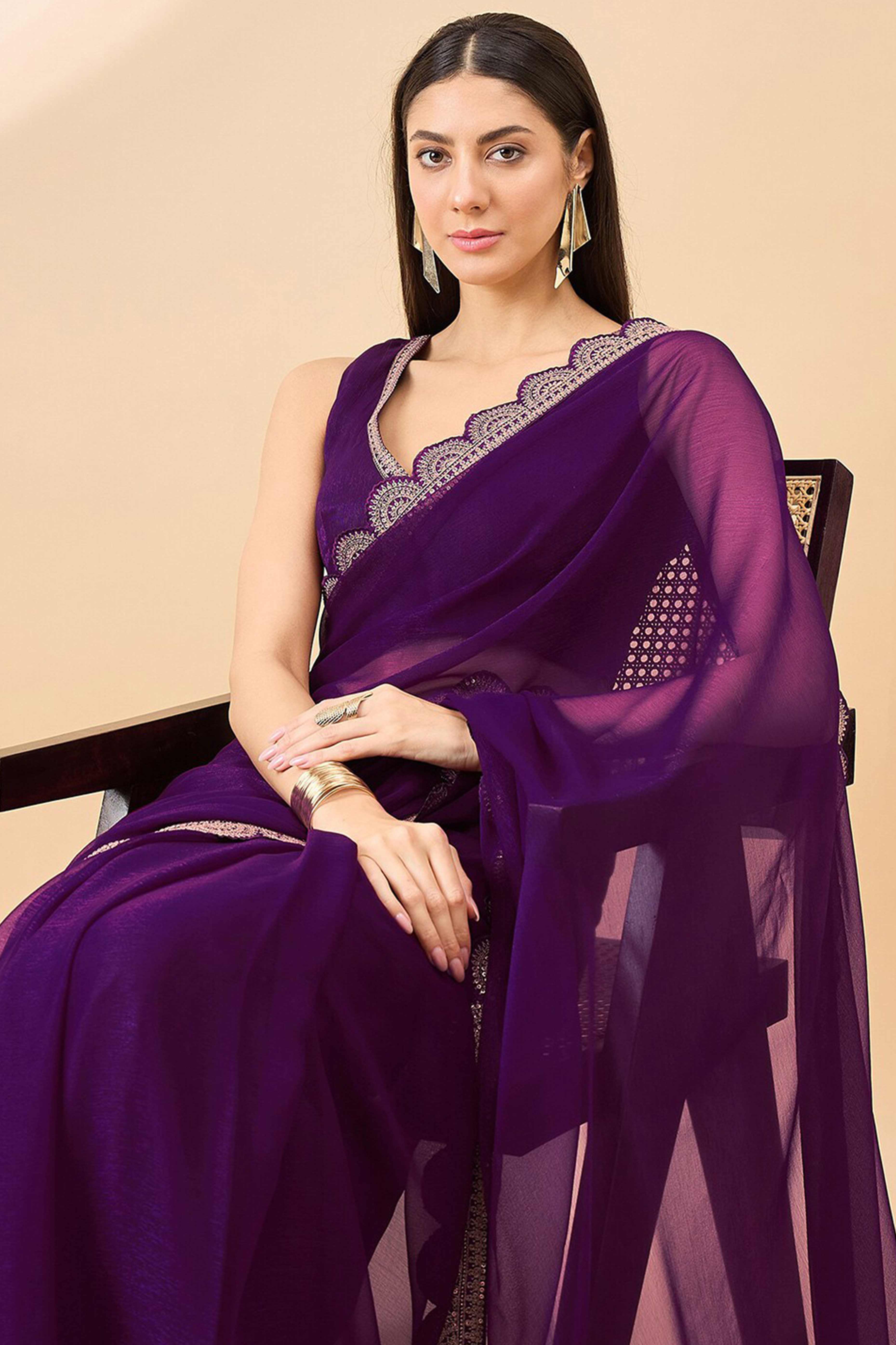 Purple Solid Chiffon Saree With Sequins Embroidered Border - Image 5