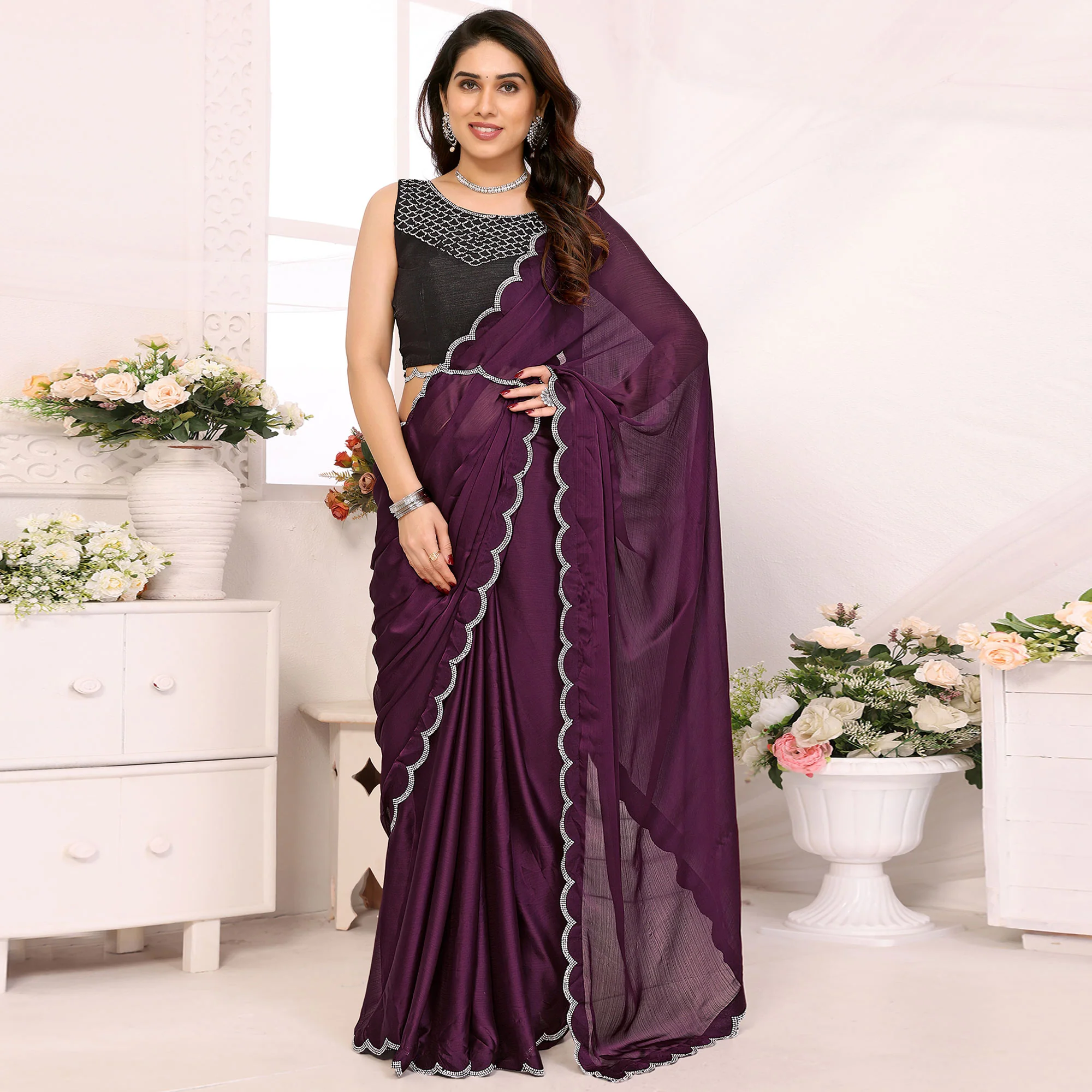 Purple Solid Chiffon Saree With Stone Work Border - Image 2