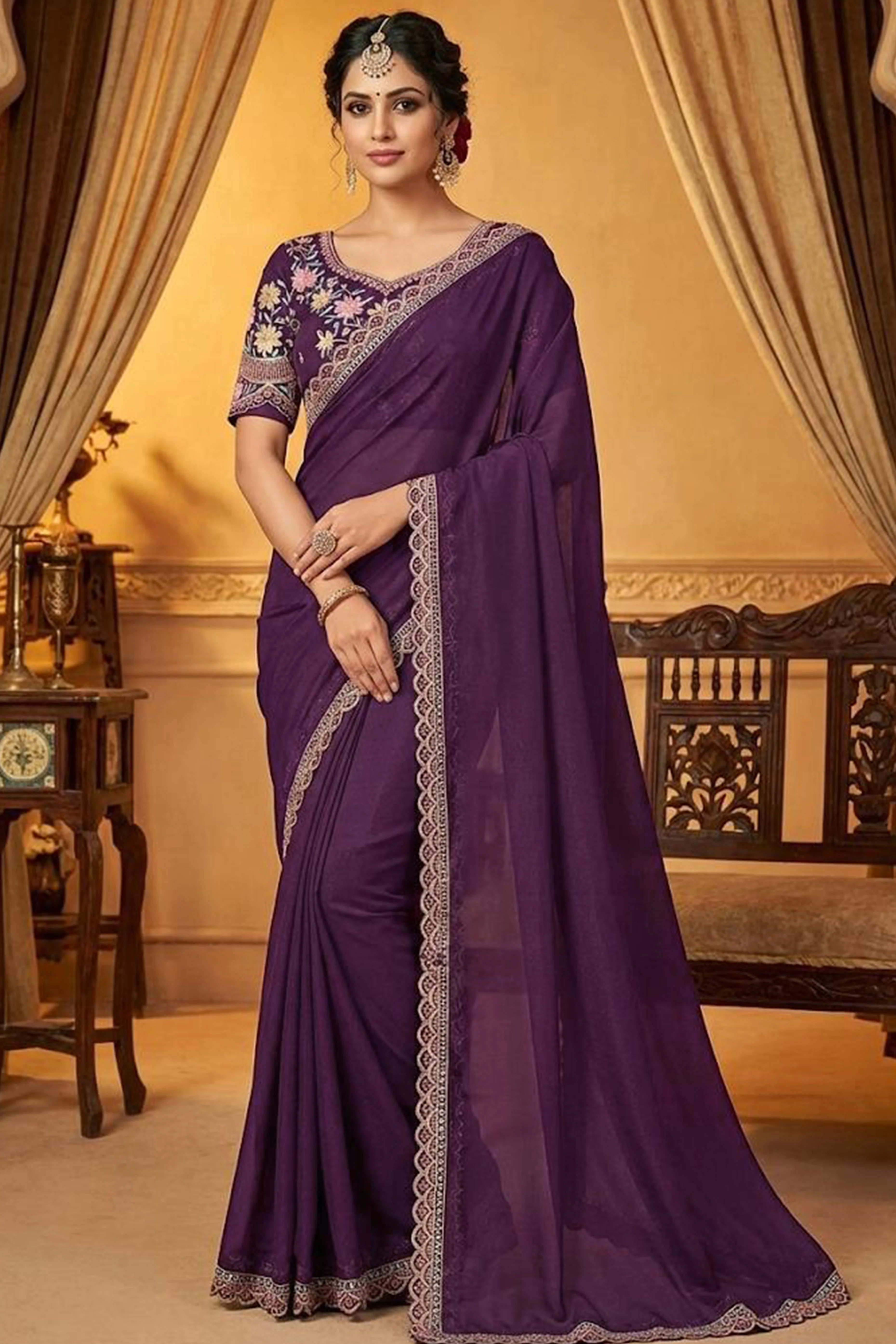 Purple Solid Georgette Saree With Embroidered Blouse Piece And Embroidered Border - Image 4