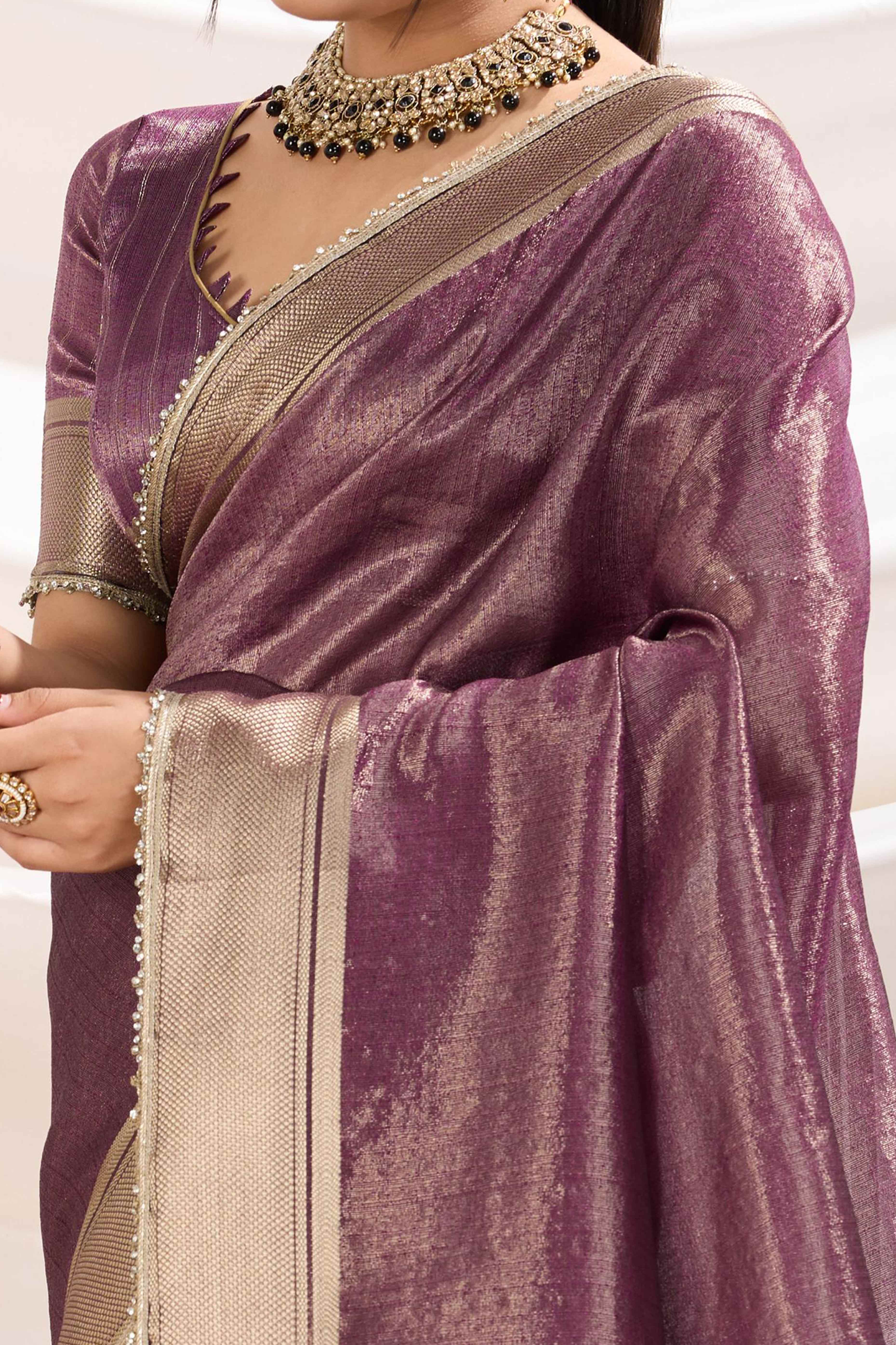 Purple Solid Linen Tissue Saree With Weaving & Zarkan Lace Border - Image 2