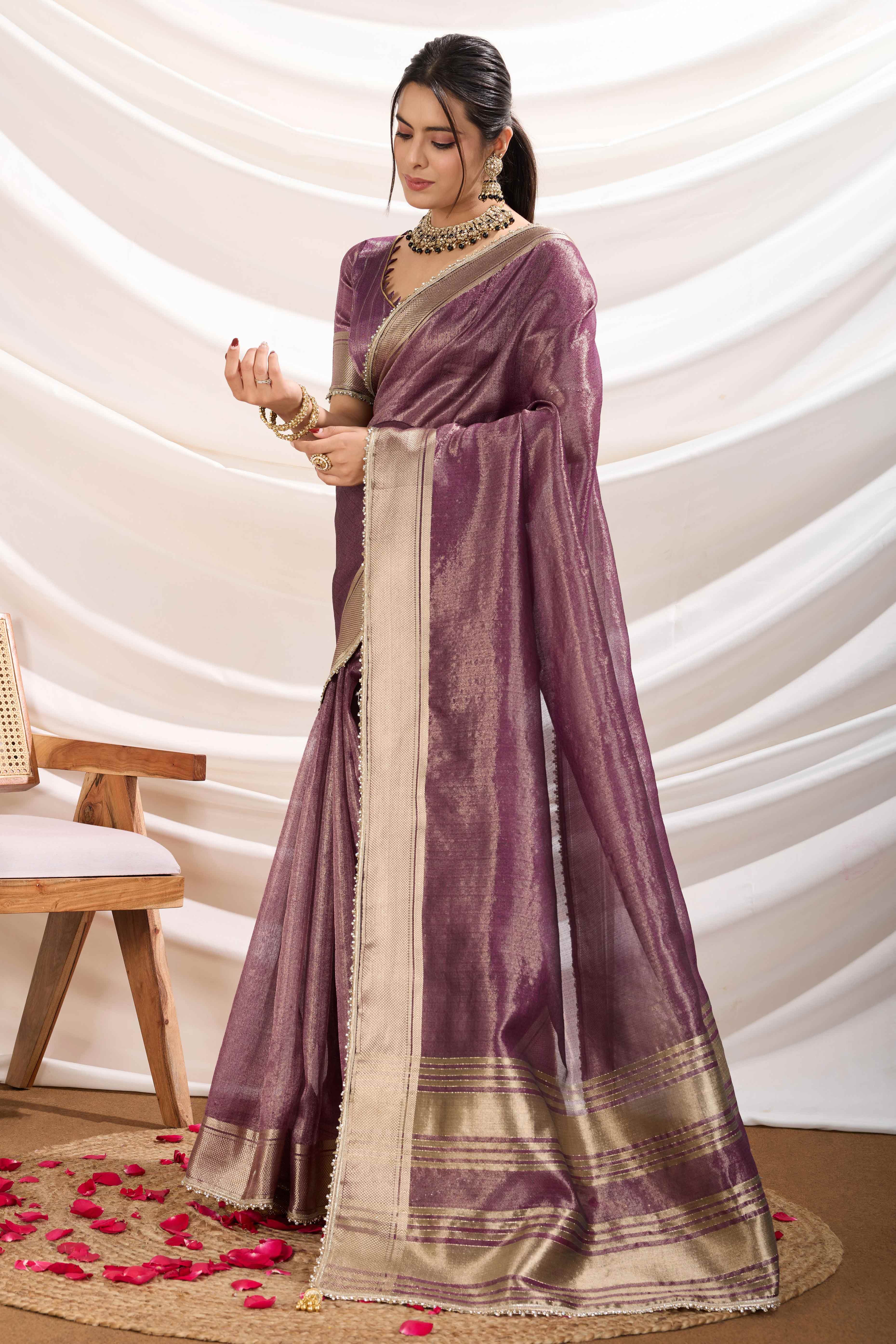 Purple Solid Linen Tissue Saree With Weaving & Zarkan Lace Border - Image 3