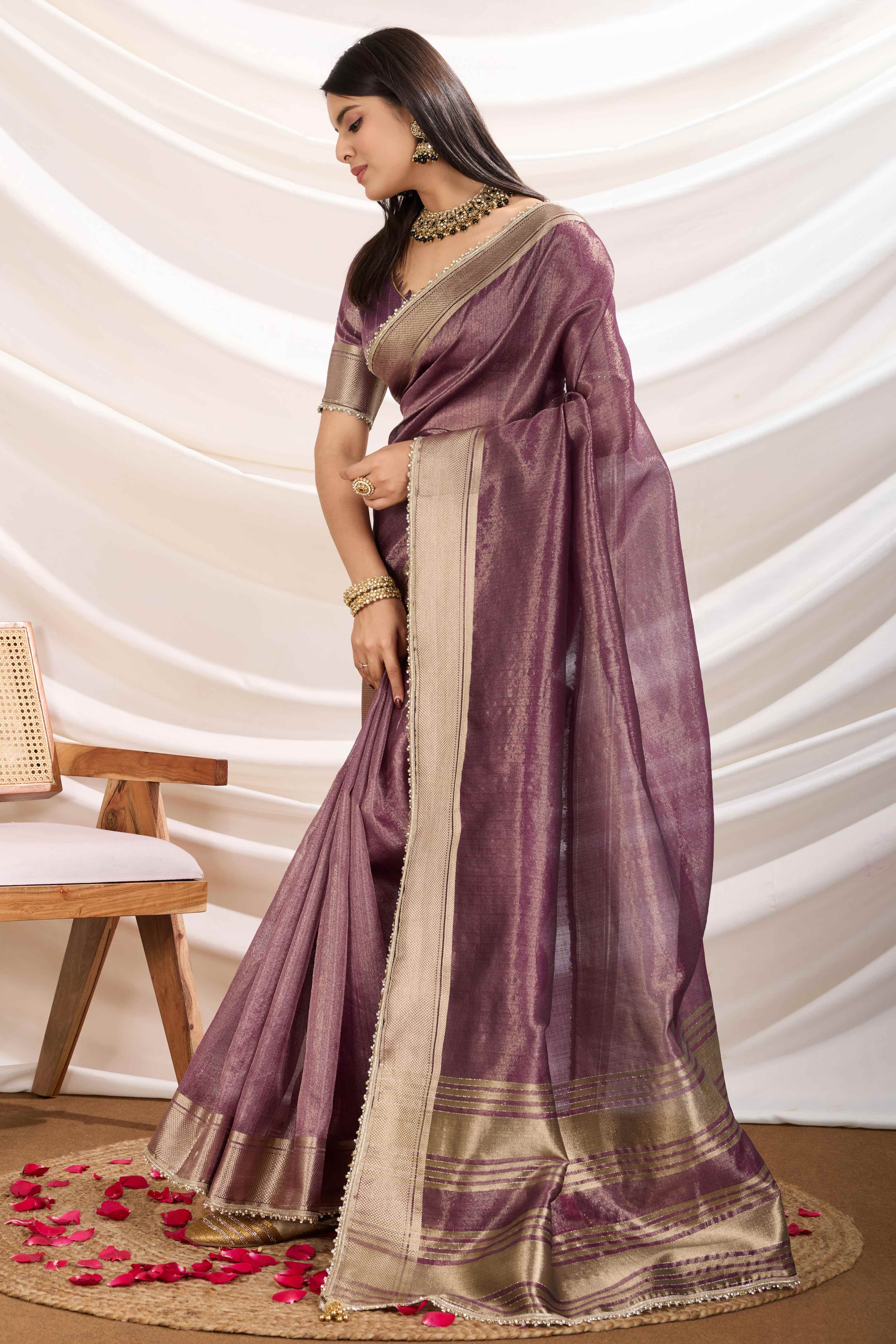 Purple Solid Linen Tissue Saree With Weaving & Zarkan Lace Border - Image 4