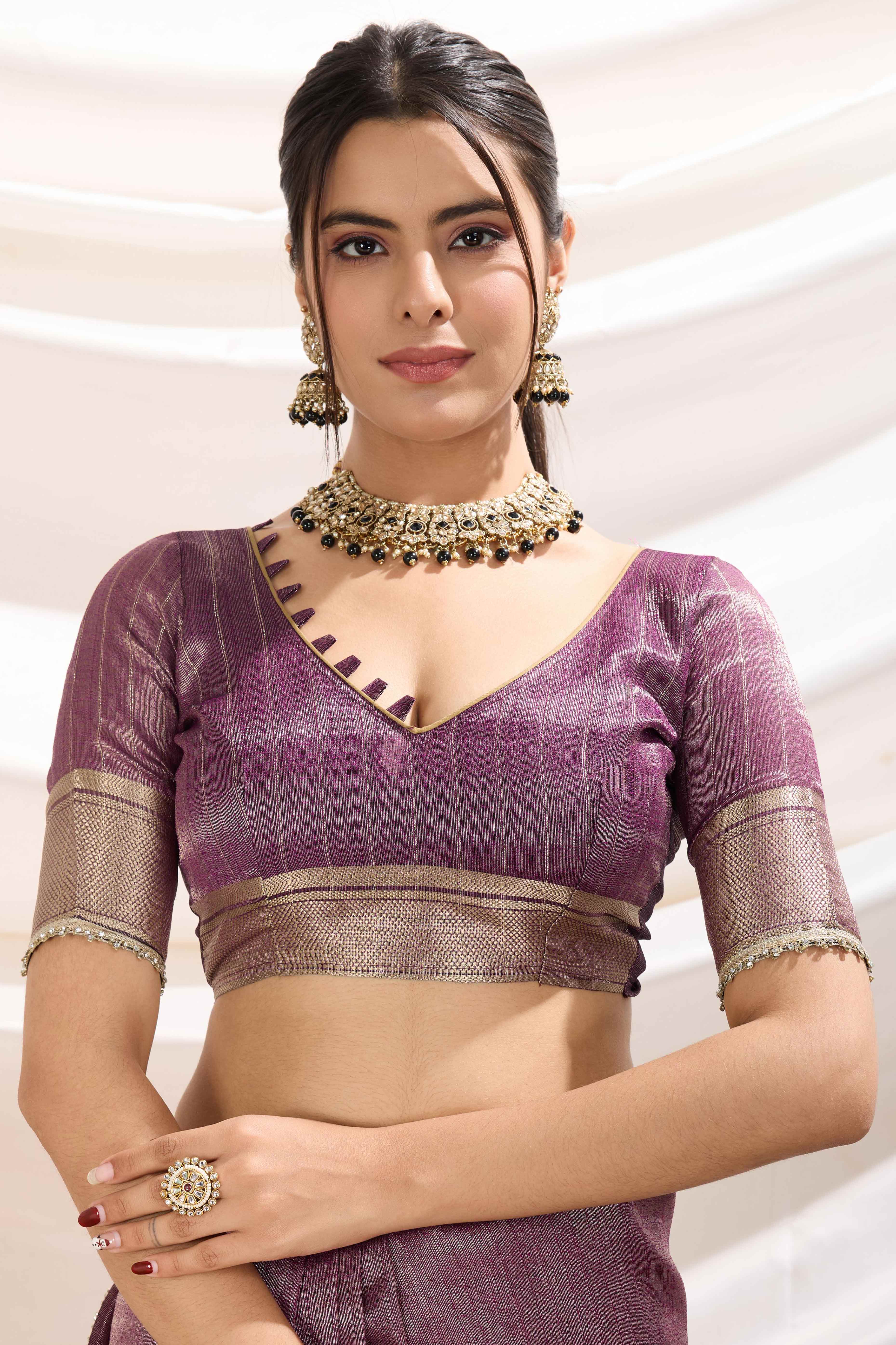 Purple Solid Linen Tissue Saree With Weaving & Zarkan Lace Border - Image 7