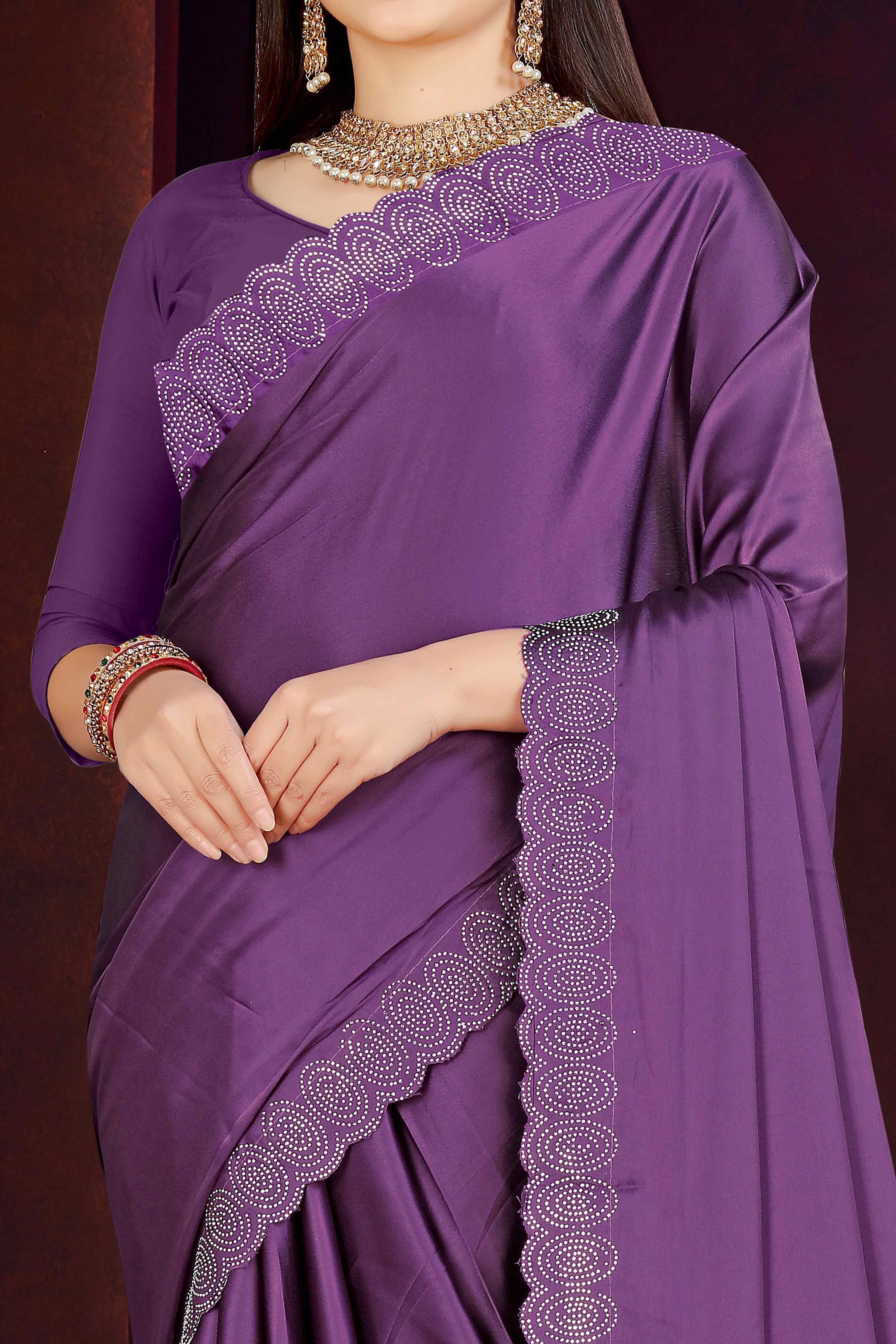 Purple Solid With Swarovski Work Satin Saree - Image 2