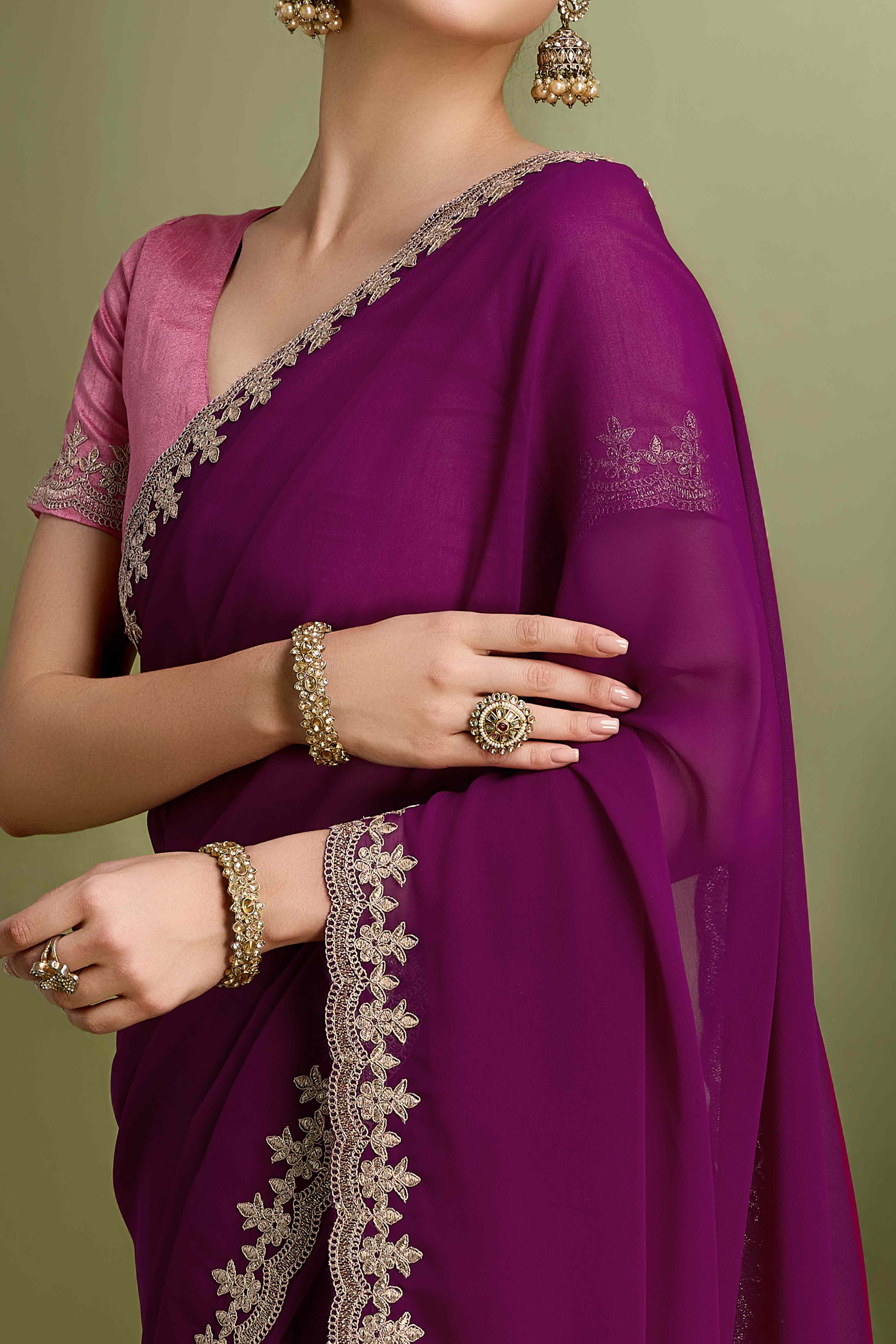 Purple Solid With Zari Embroidered Georgette Saree - Image 2
