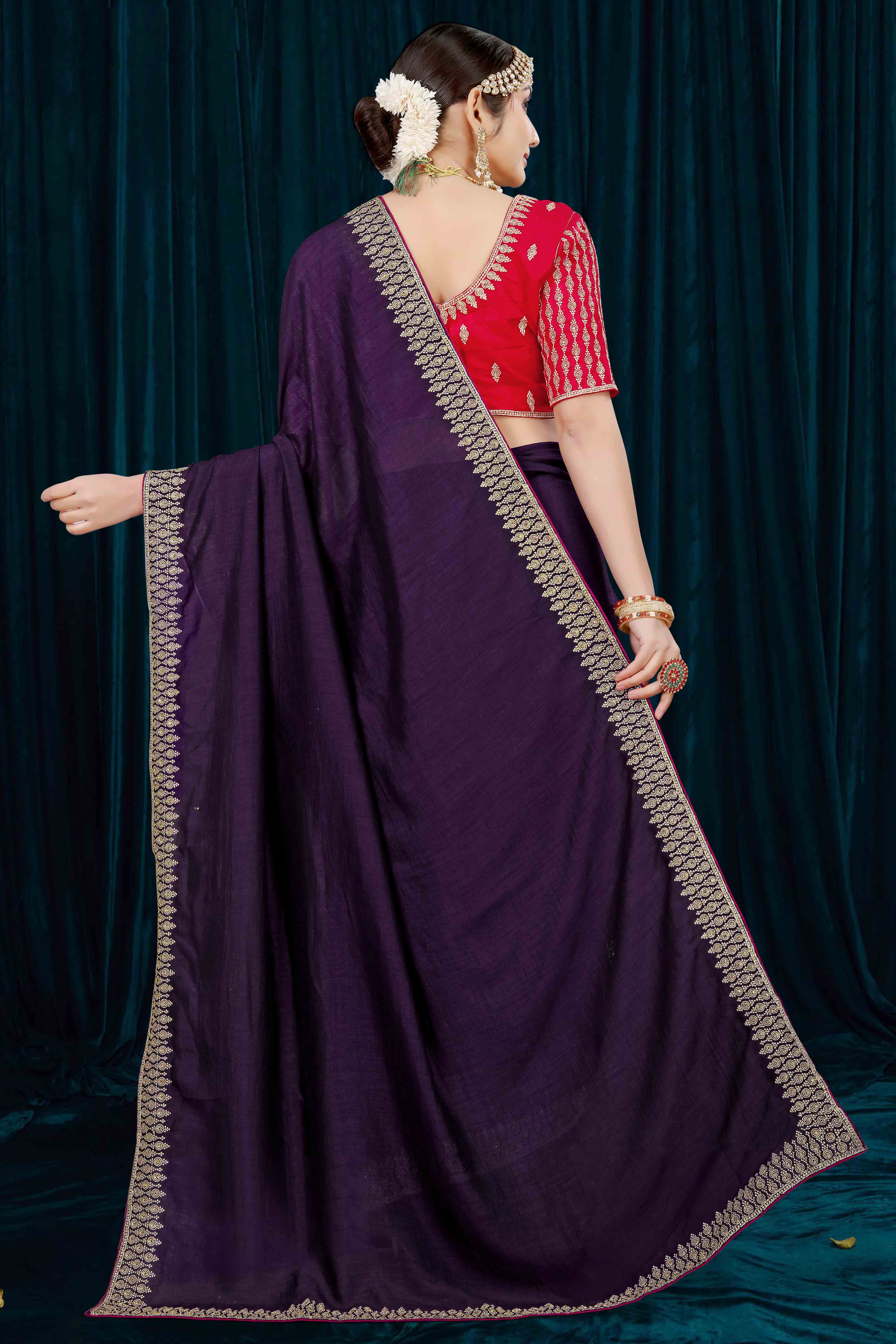Purple Solid With Zari Embroidered Vichitra Silk Saree - Image 5