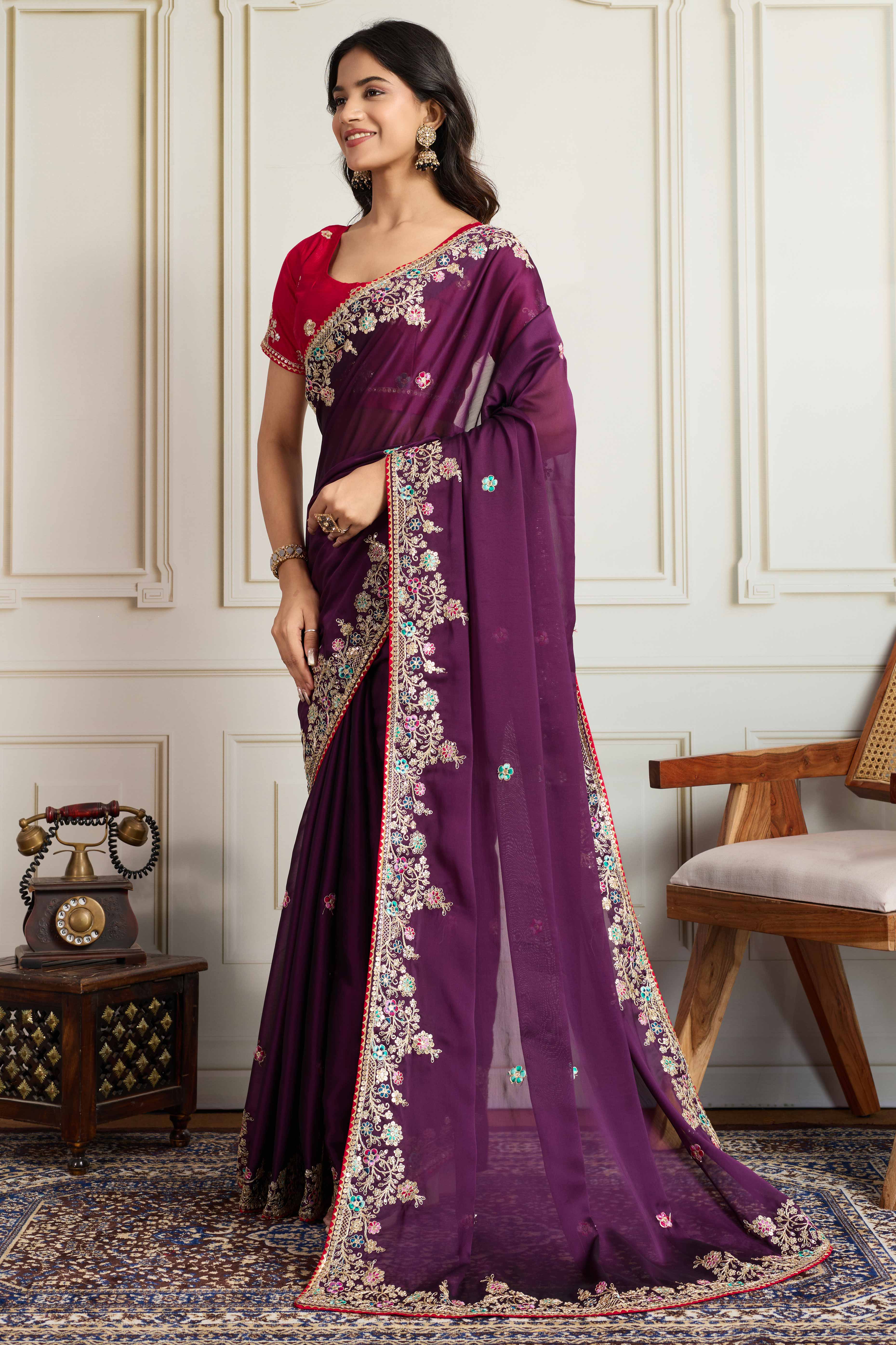 Purple Star Georgette Party Saree with Sequins and Floral Embroidery - Image 3