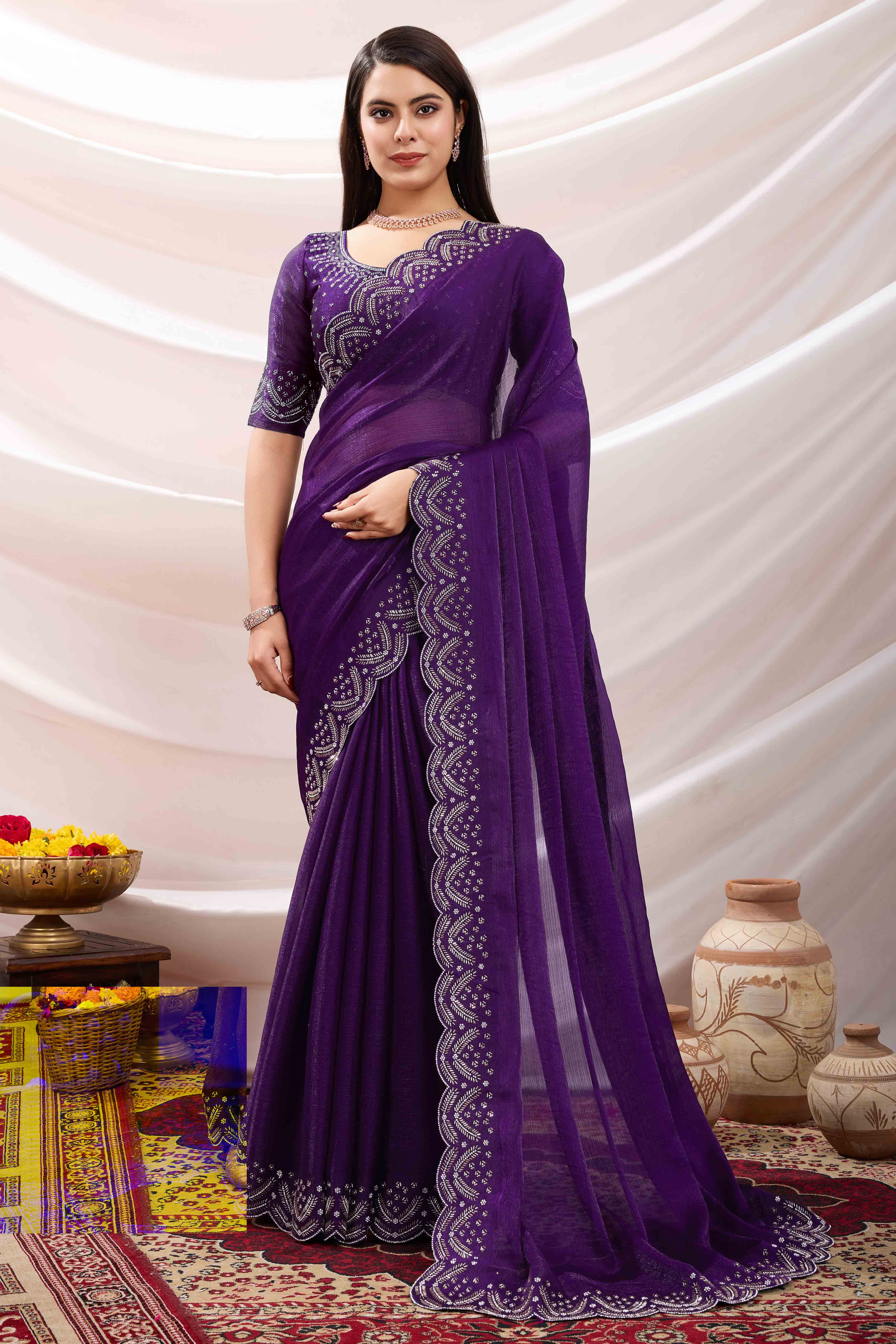 Purple Stone Work Embroidered Velvet Chiffon Saree - Image 3