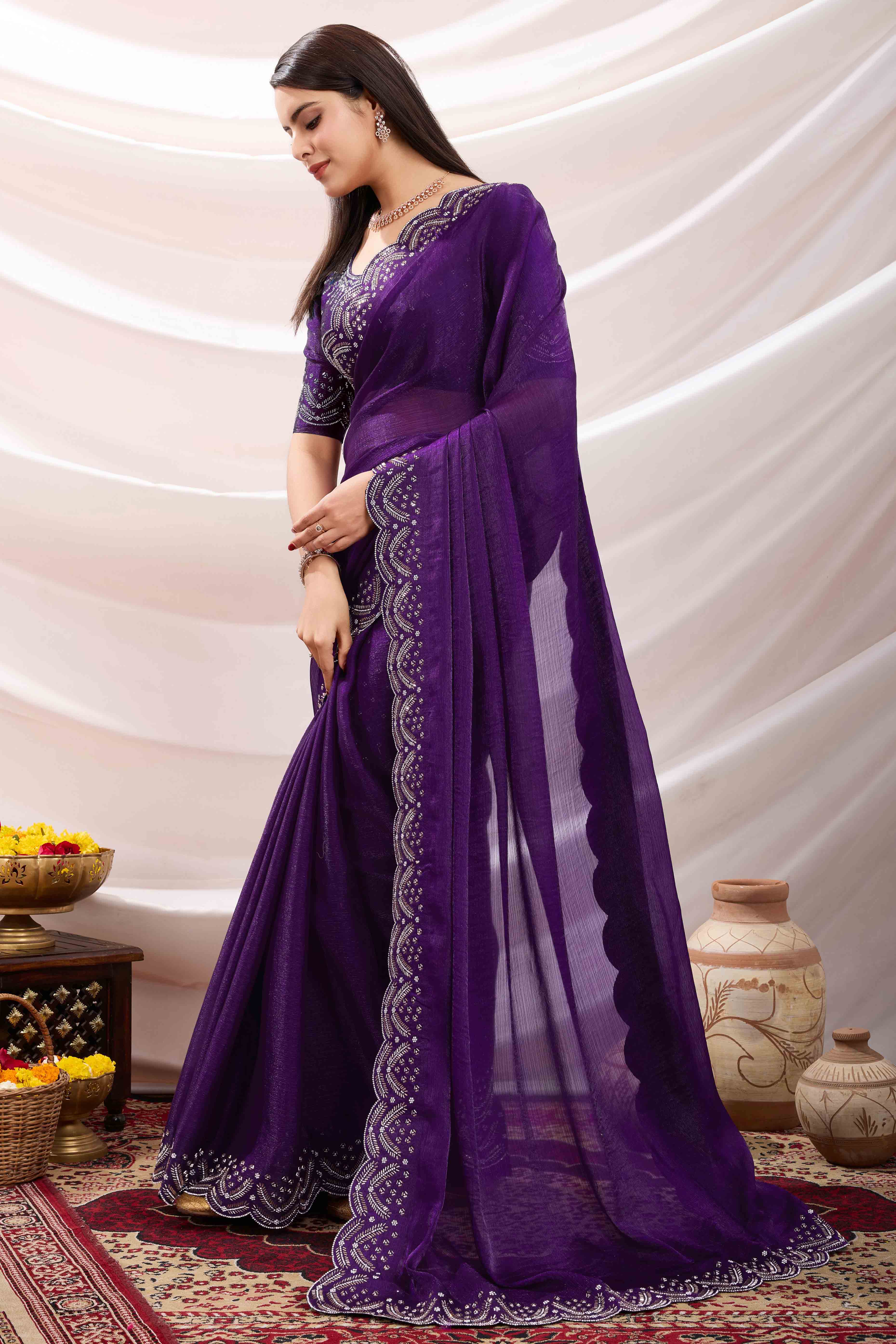 Purple Stone Work Embroidered Velvet Chiffon Saree - Image 4