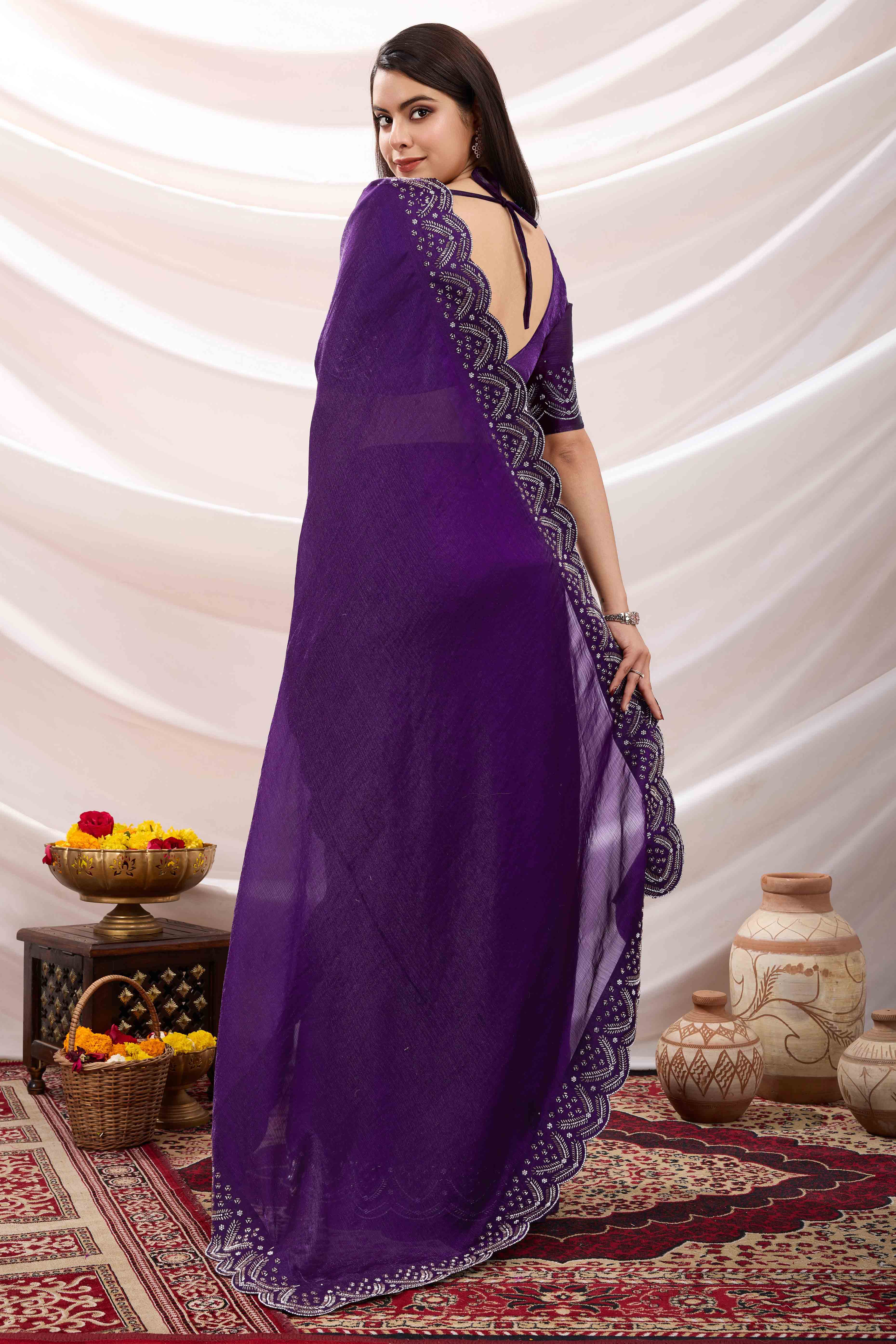 Purple Stone Work Embroidered Velvet Chiffon Saree - Image 5