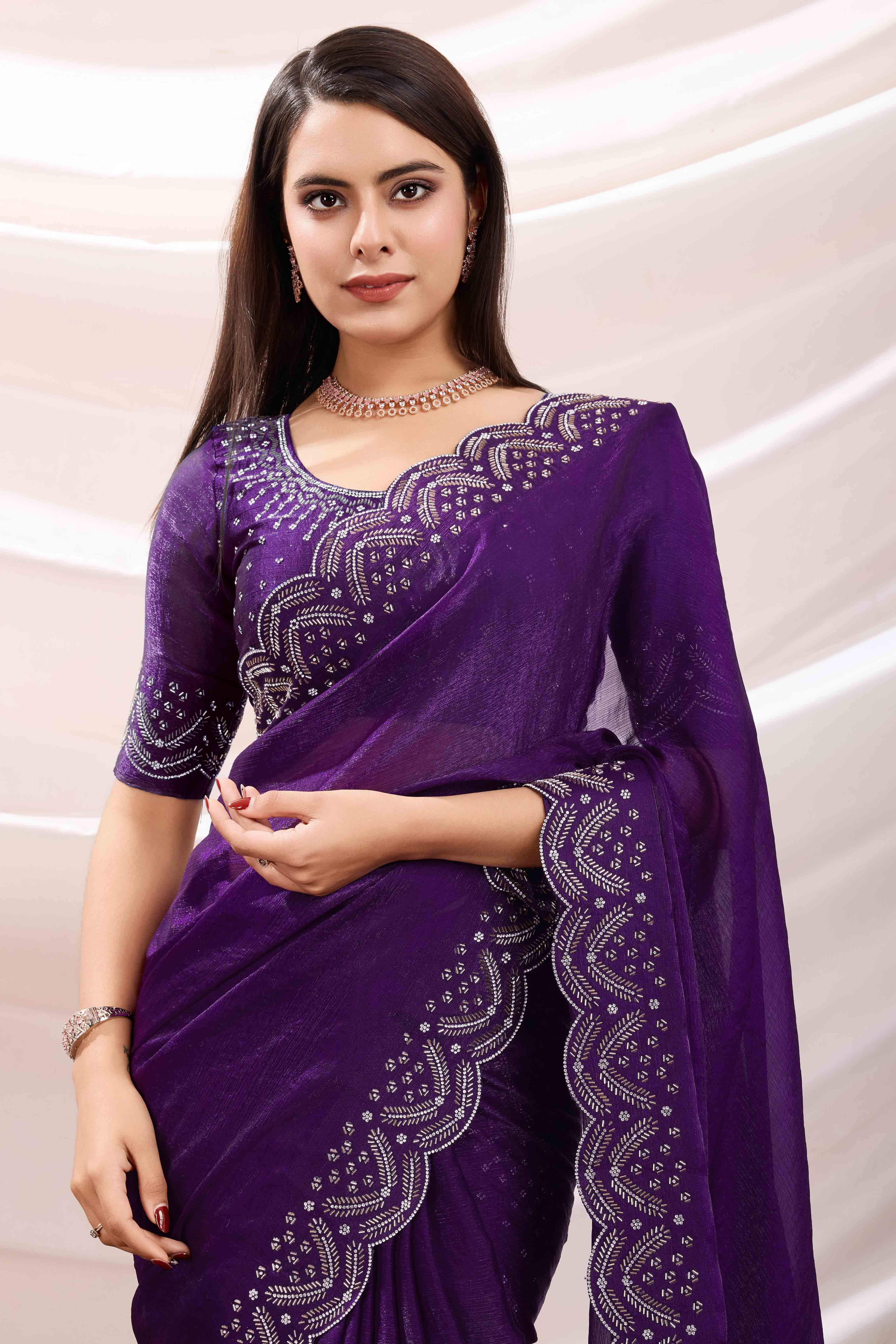 Purple Stone Work Embroidered Velvet Chiffon Saree - Image 6