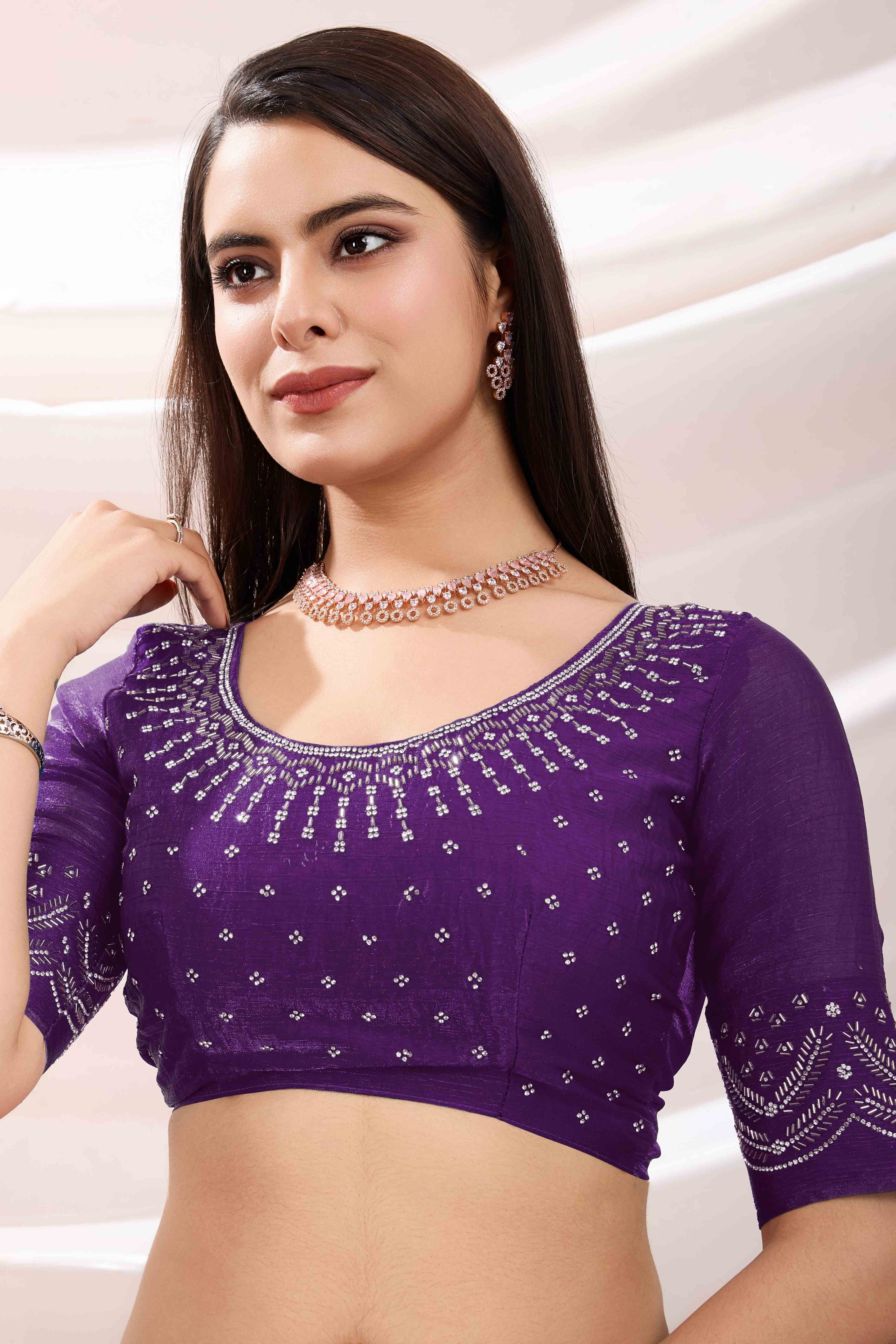 Purple Stone Work Embroidered Velvet Chiffon Saree - Image 7