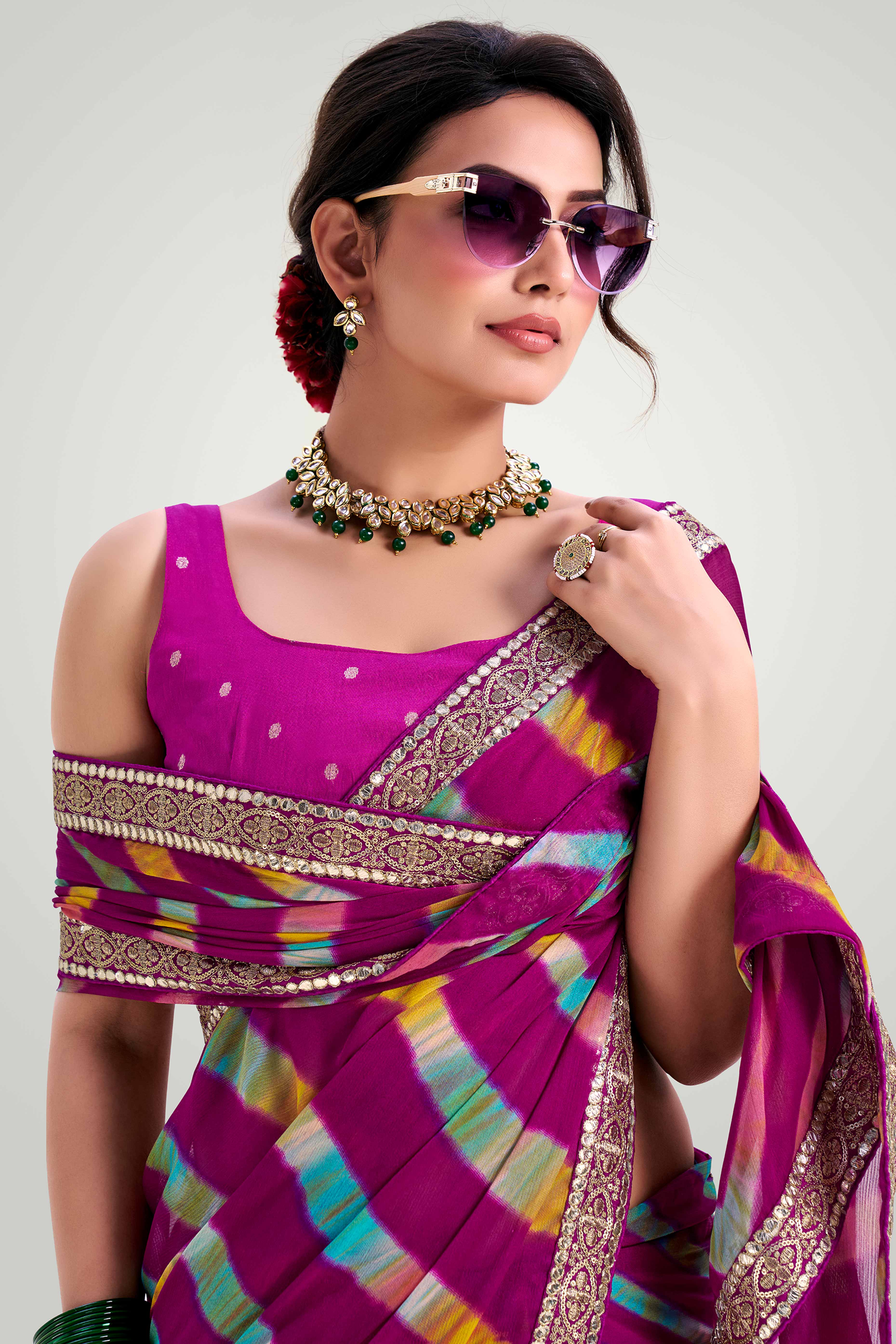 Purple Striped Printed Chiffon Saree Enhanced With Sparkling Sequins Embroidered Border Work - Image 3