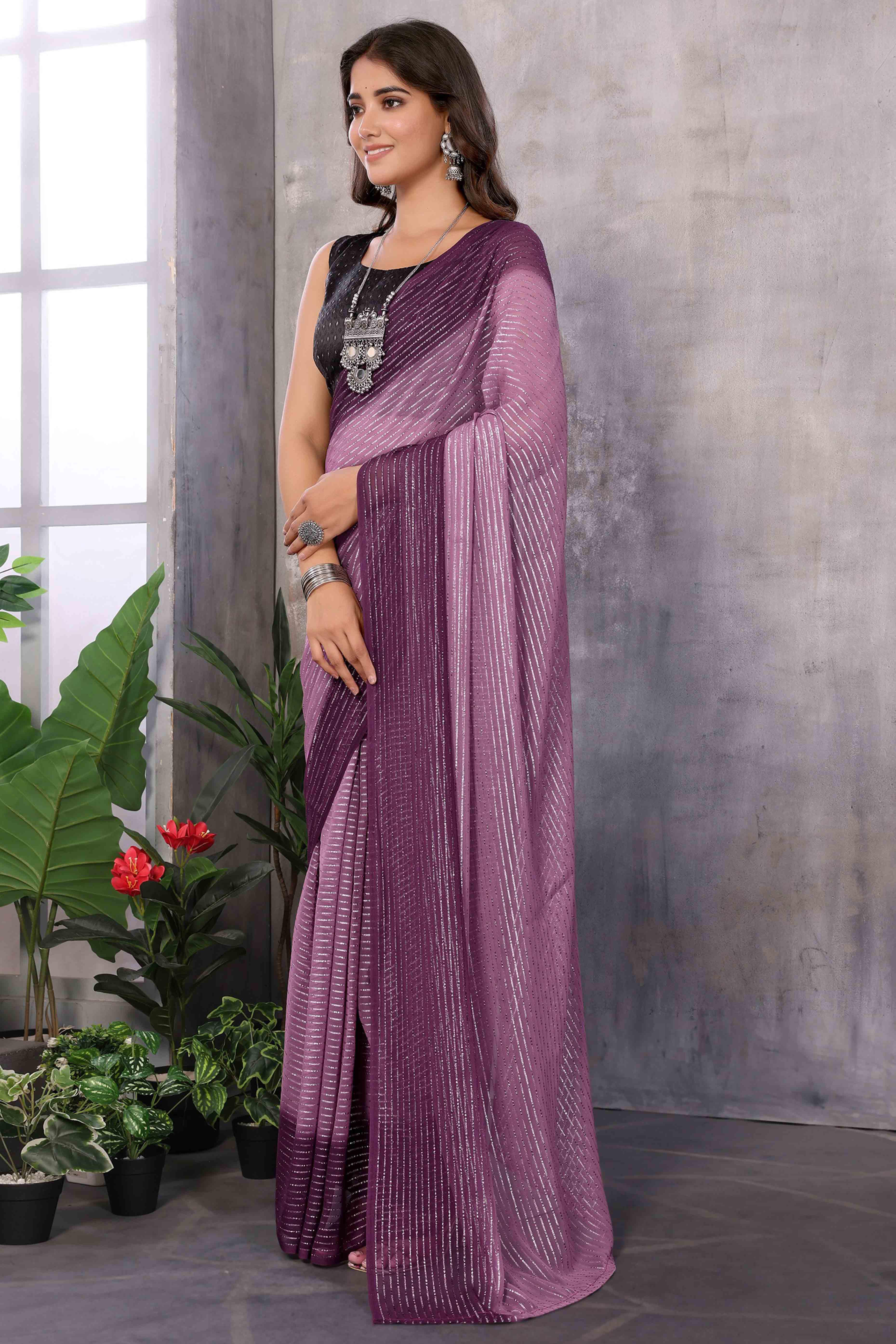 Purple Striped Zari Woven Art Silk Ready To Wear Saree - Image 4