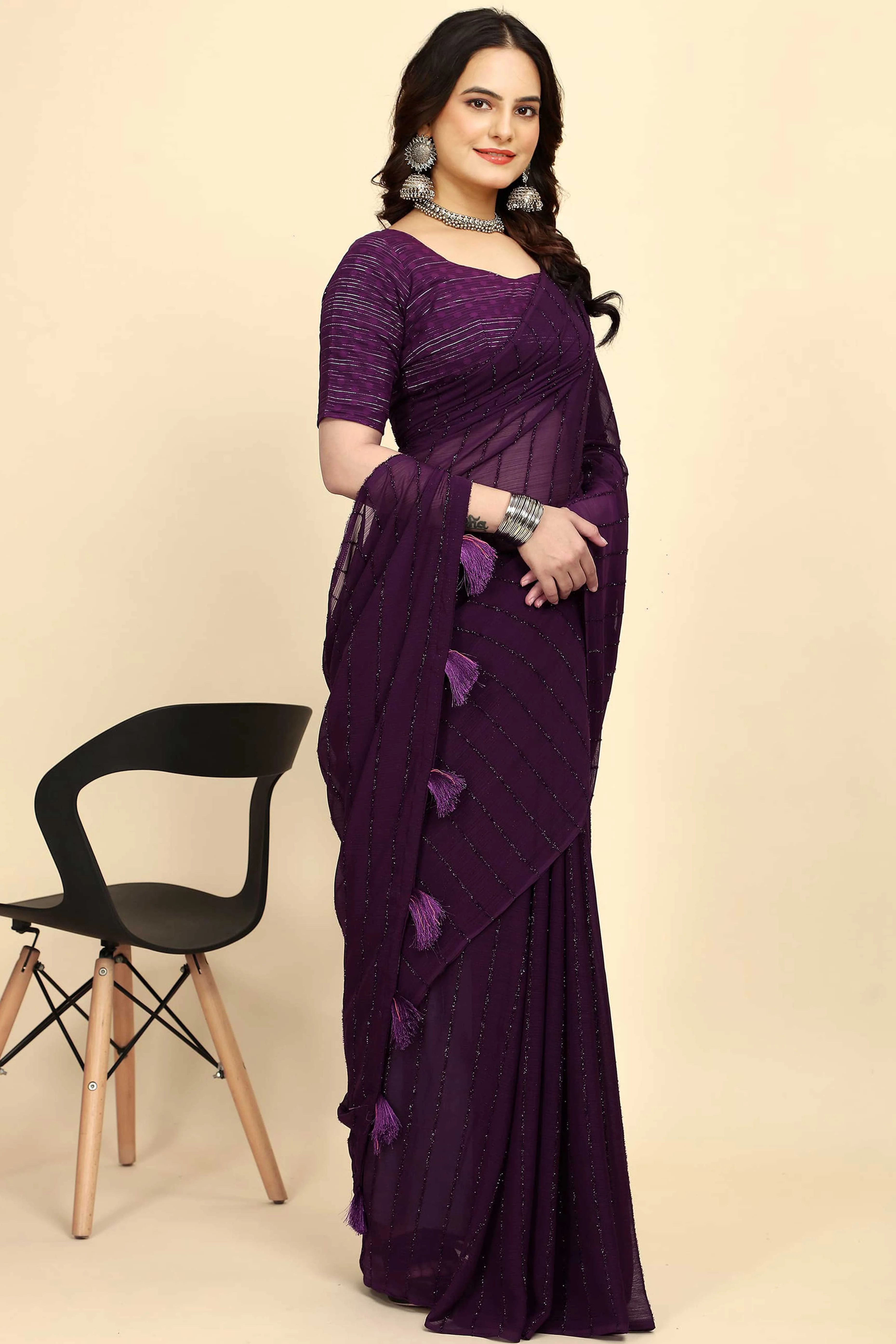 Purple Striped Zari Woven Chiffon Saree With Tassels - Image 4