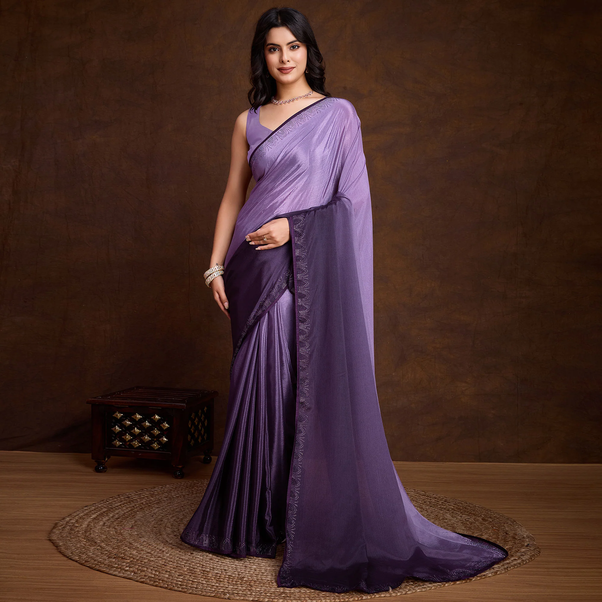 Purple Swarovski Border Work Chinon Ombre Saree - Image 2