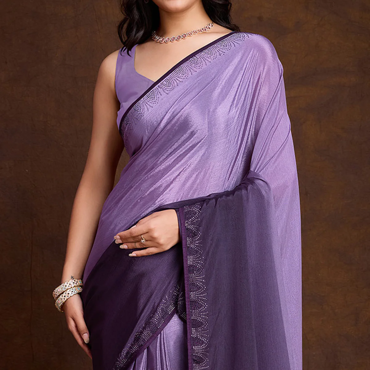 Purple Swarovski Border Work Chinon Ombre Saree - Image 3