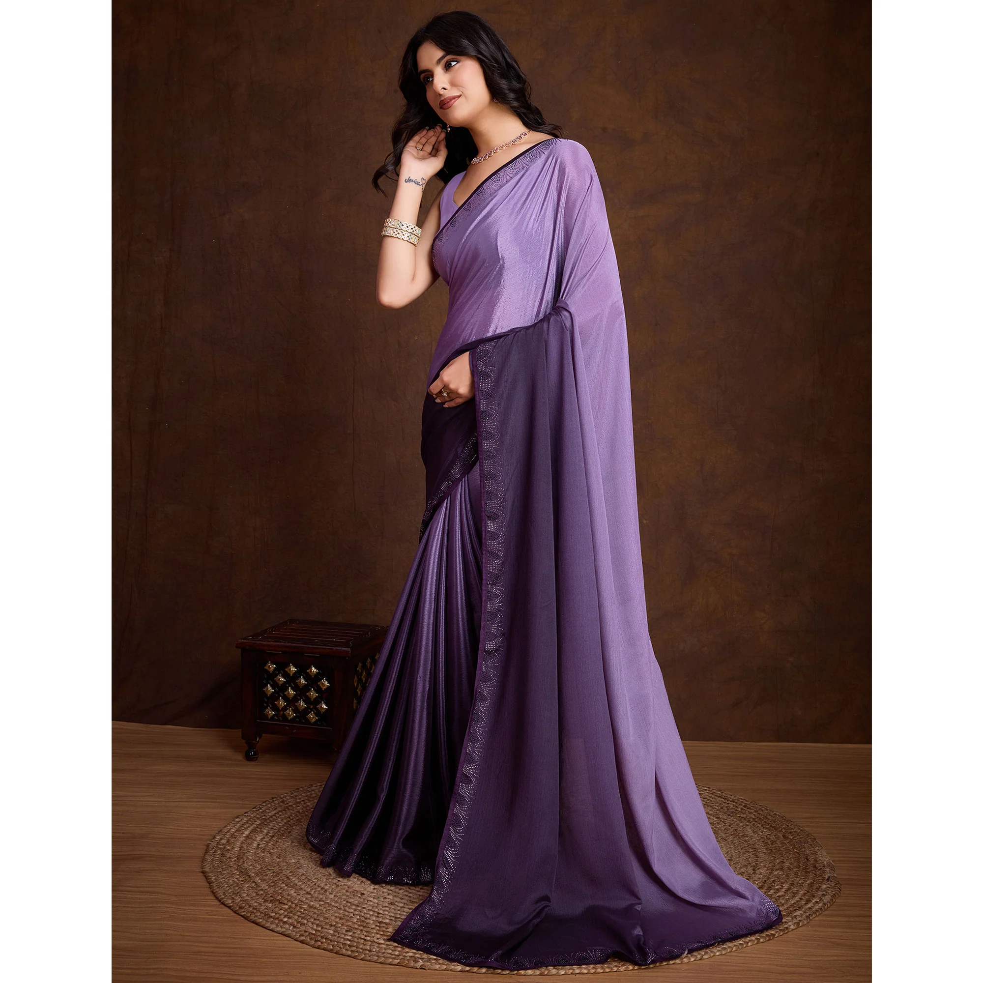 Purple Swarovski Border Work Chinon Ombre Saree - Image 4