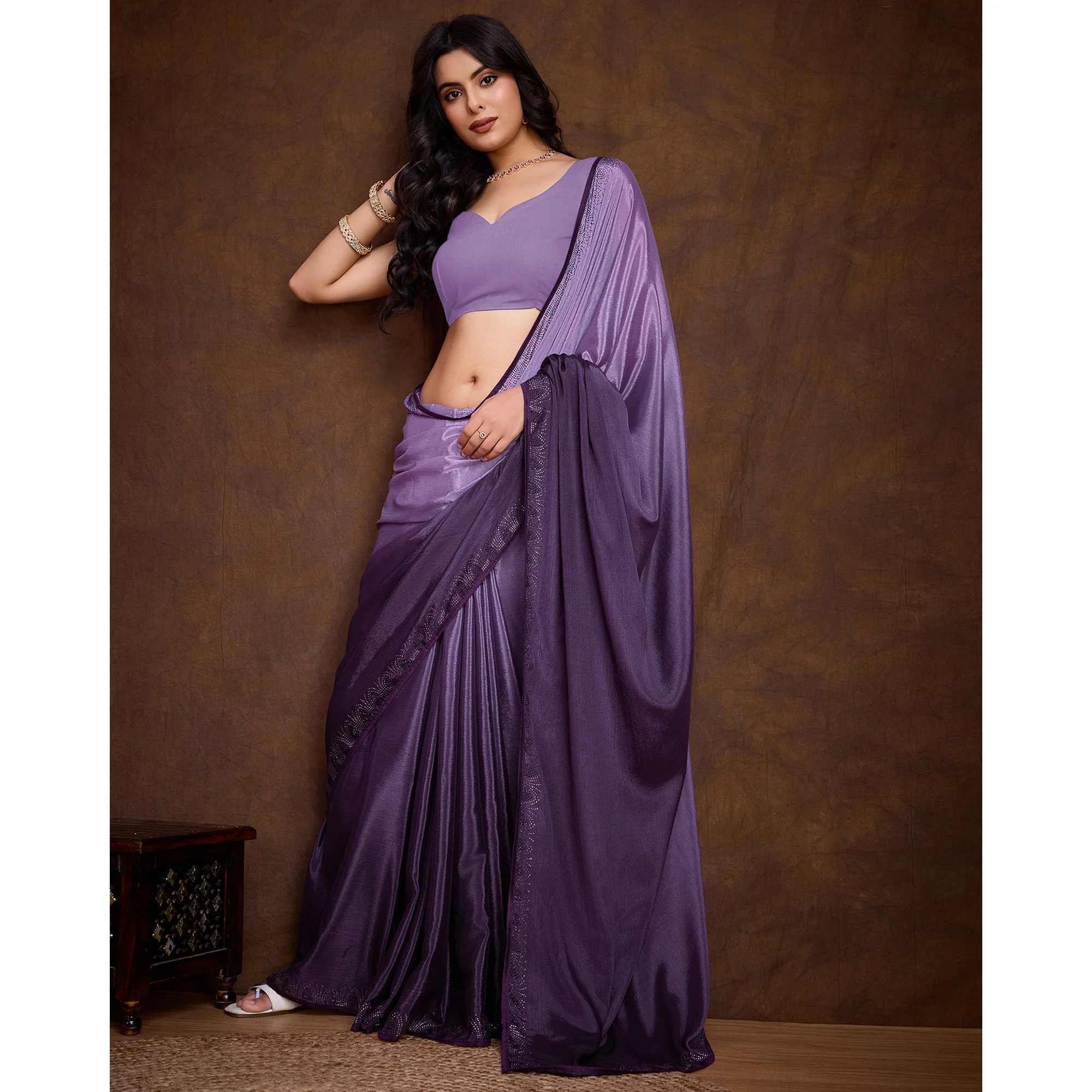 Purple Swarovski Border Work Chinon Ombre Saree - Image 5