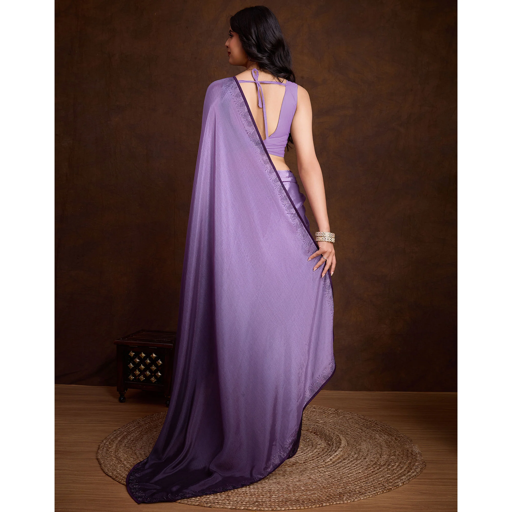 Purple Swarovski Border Work Chinon Ombre Saree - Image 6