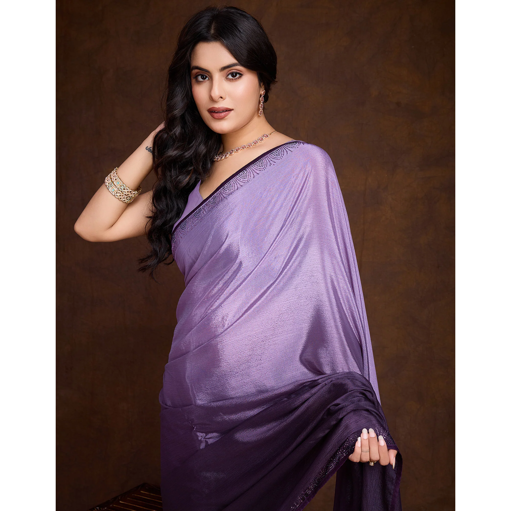 Purple Swarovski Border Work Chinon Ombre Saree - Image 7