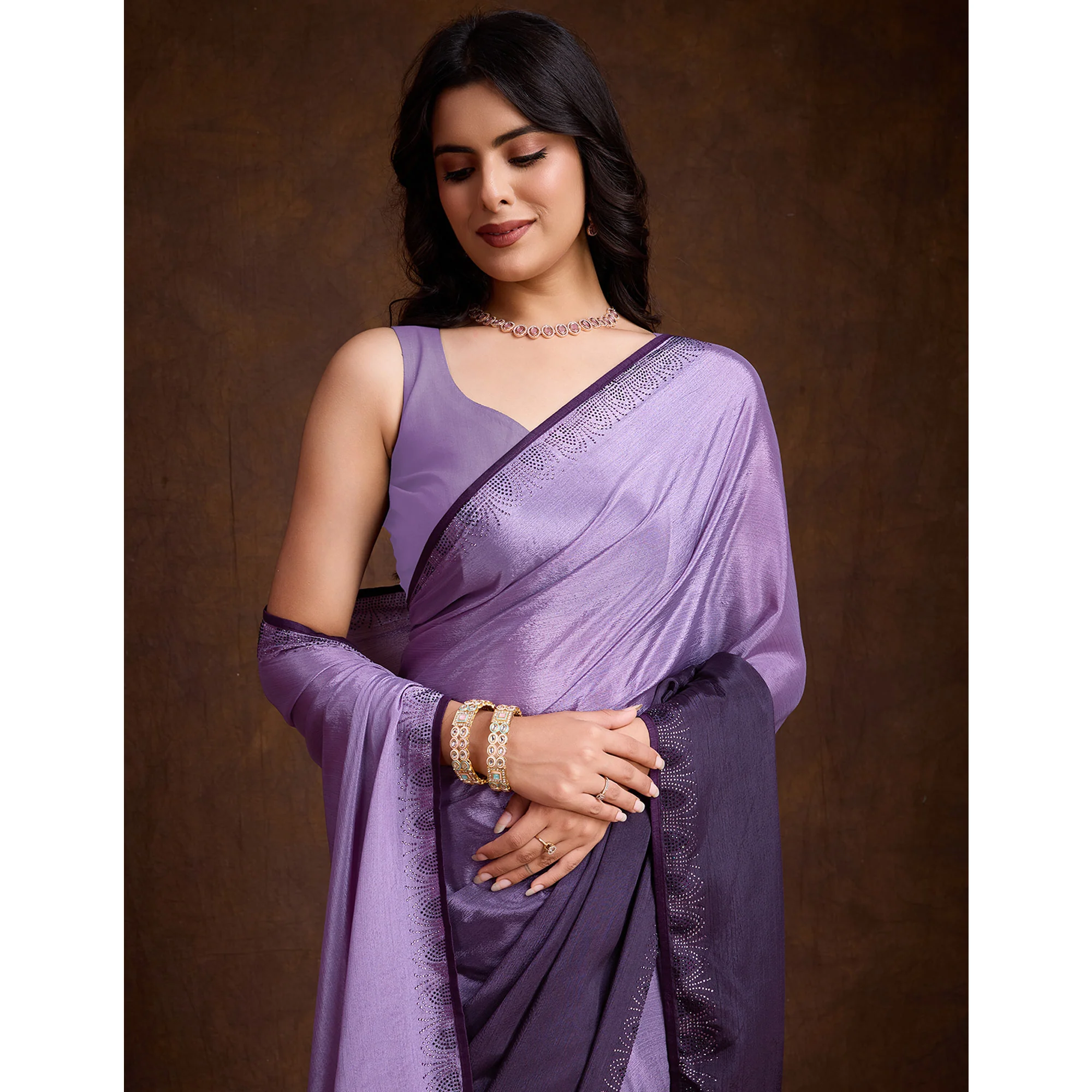 Purple Swarovski Border Work Chinon Ombre Saree - Image 8