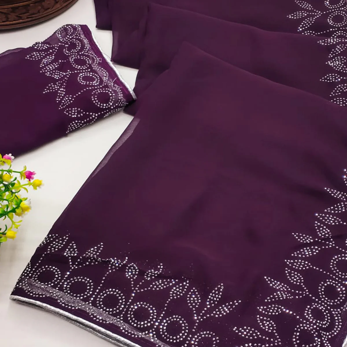 Purple Swarovski Work Embroidered Georgette Saree - Image 2