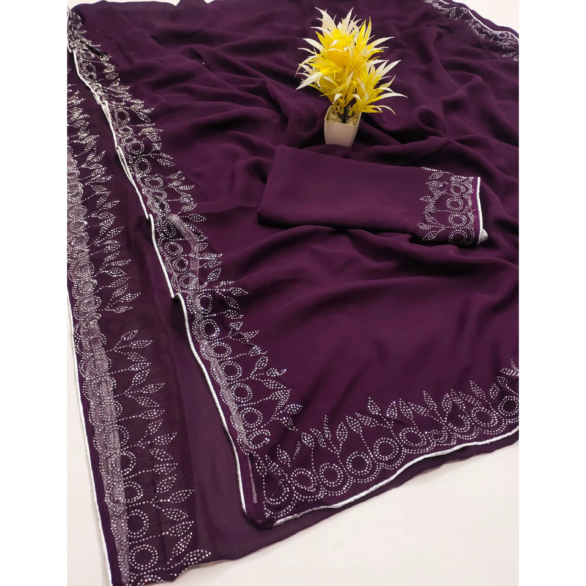 Purple Swarovski Work Embroidered Georgette Saree - Image 3
