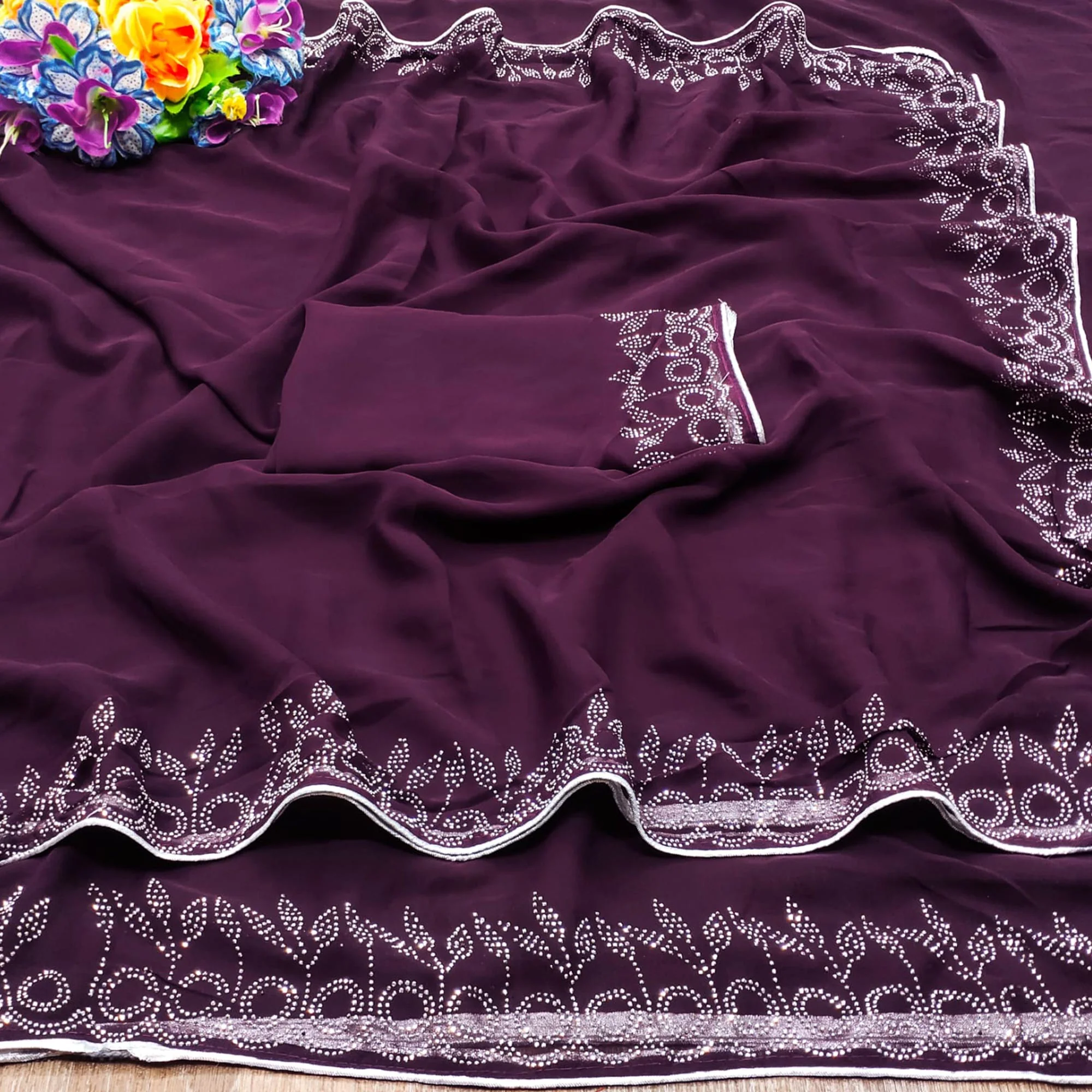 Purple Swarovski Work Embroidered Georgette Saree - Image 4