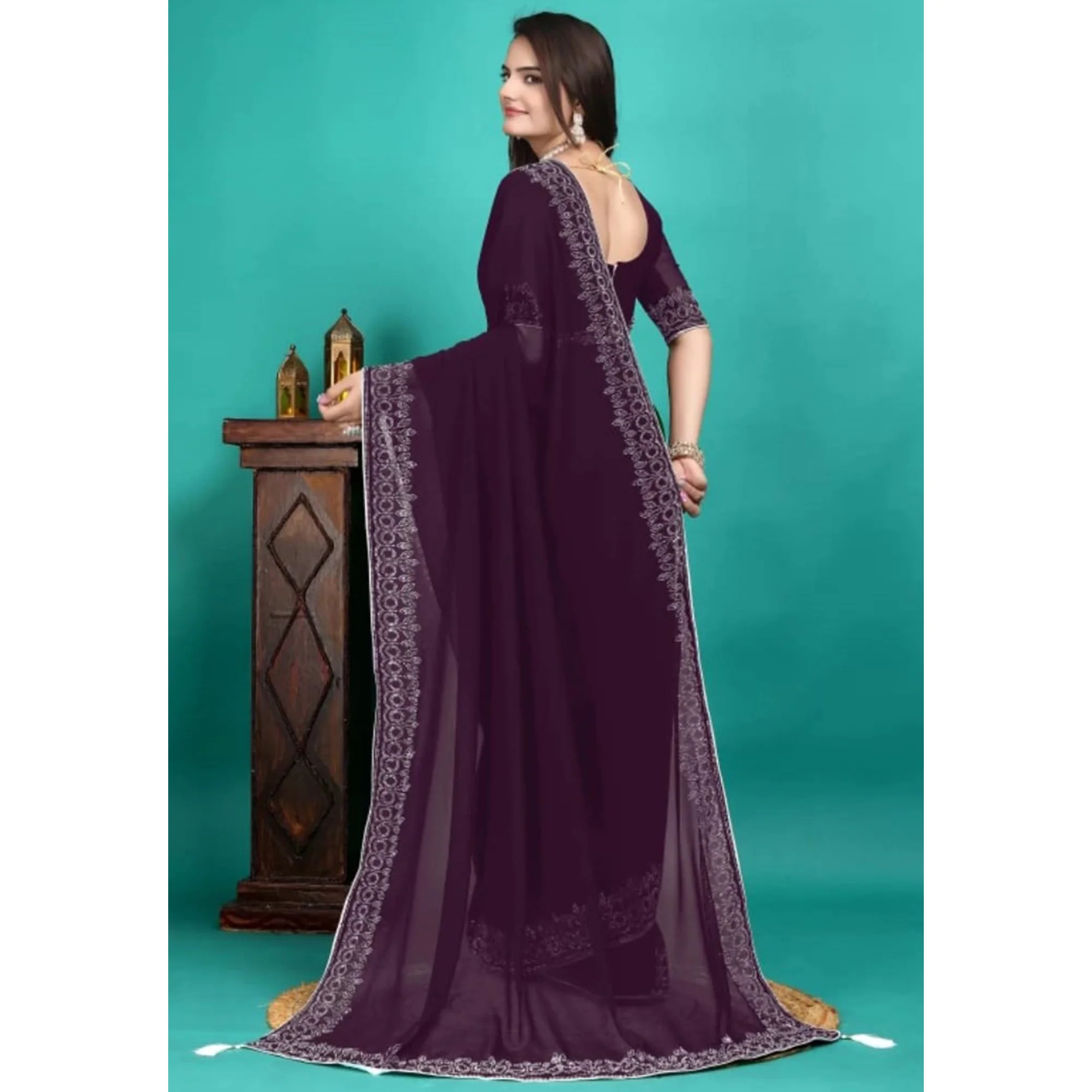 Purple Swarovski Work Embroidered Georgette Saree - Image 9