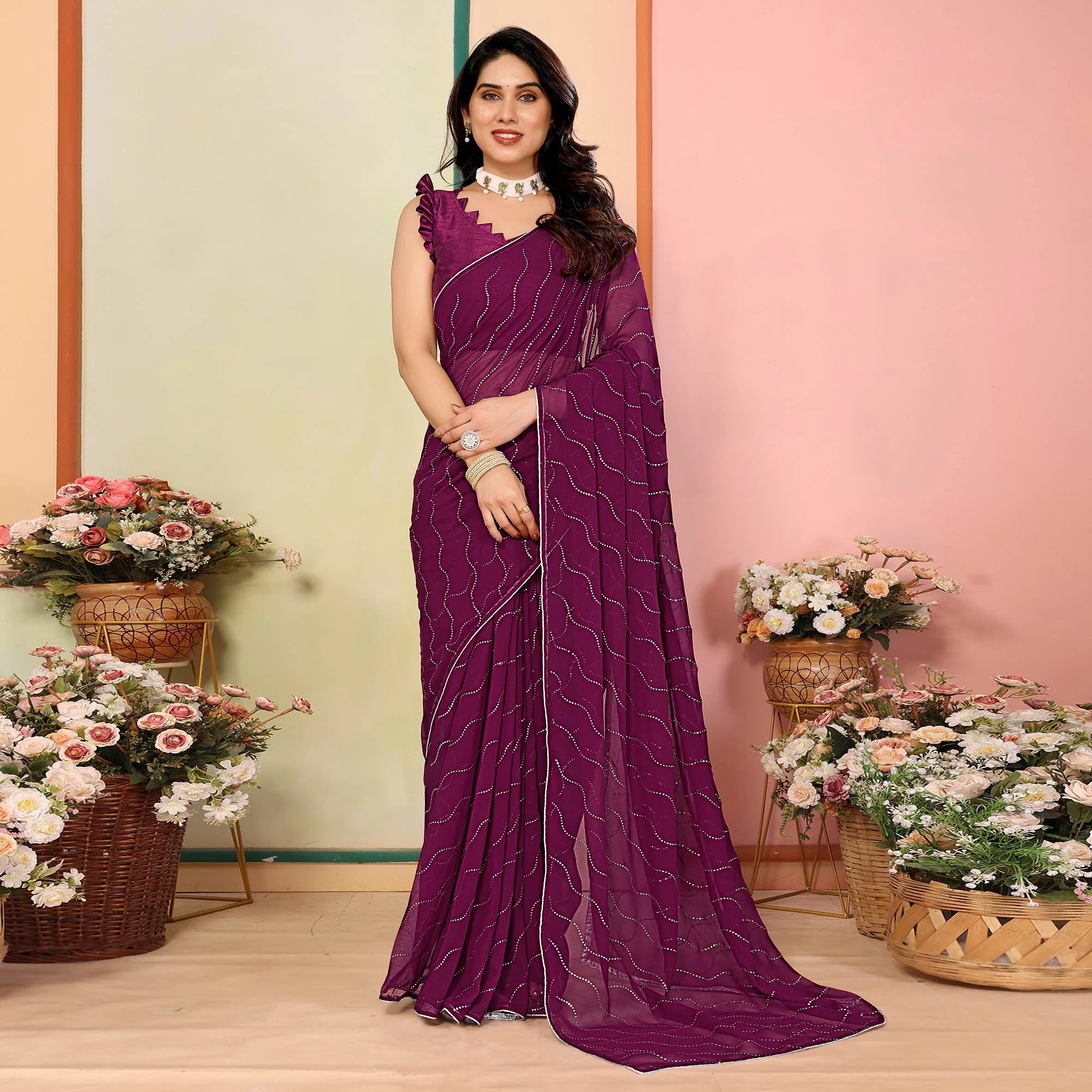 Purple Swarovski Work Embroidered Georgette Saree - Image 2