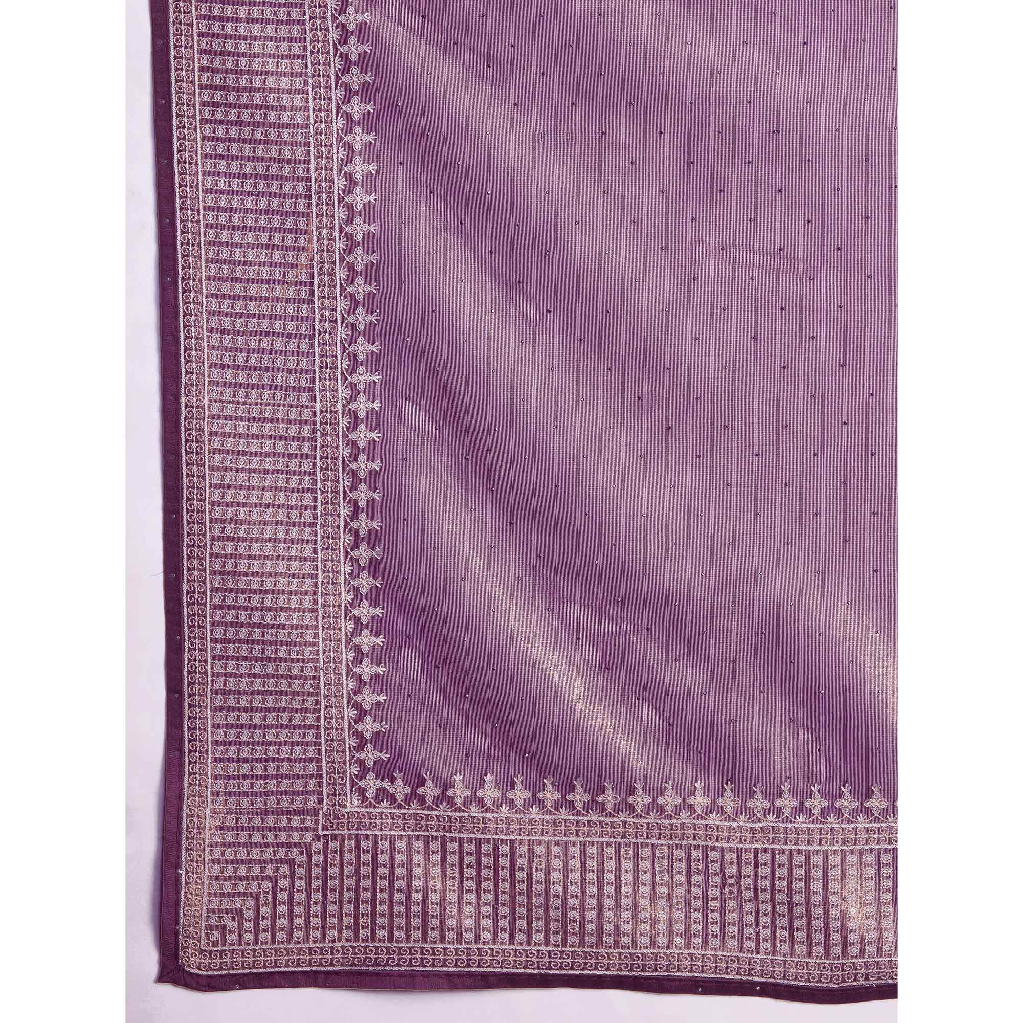Purple Swarovski Work Embroidered Net Saree - Image 11