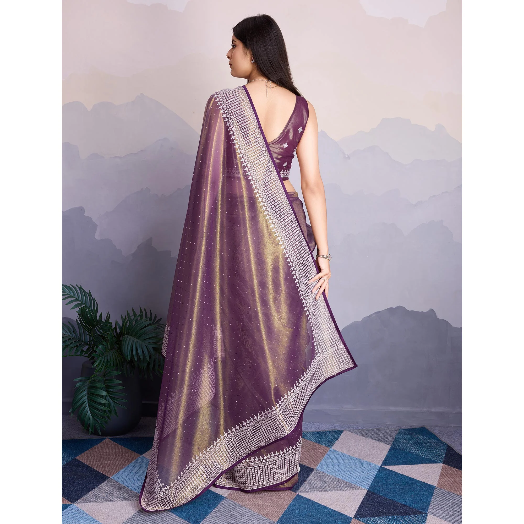 Purple Swarovski Work Embroidered Net Saree - Image 6