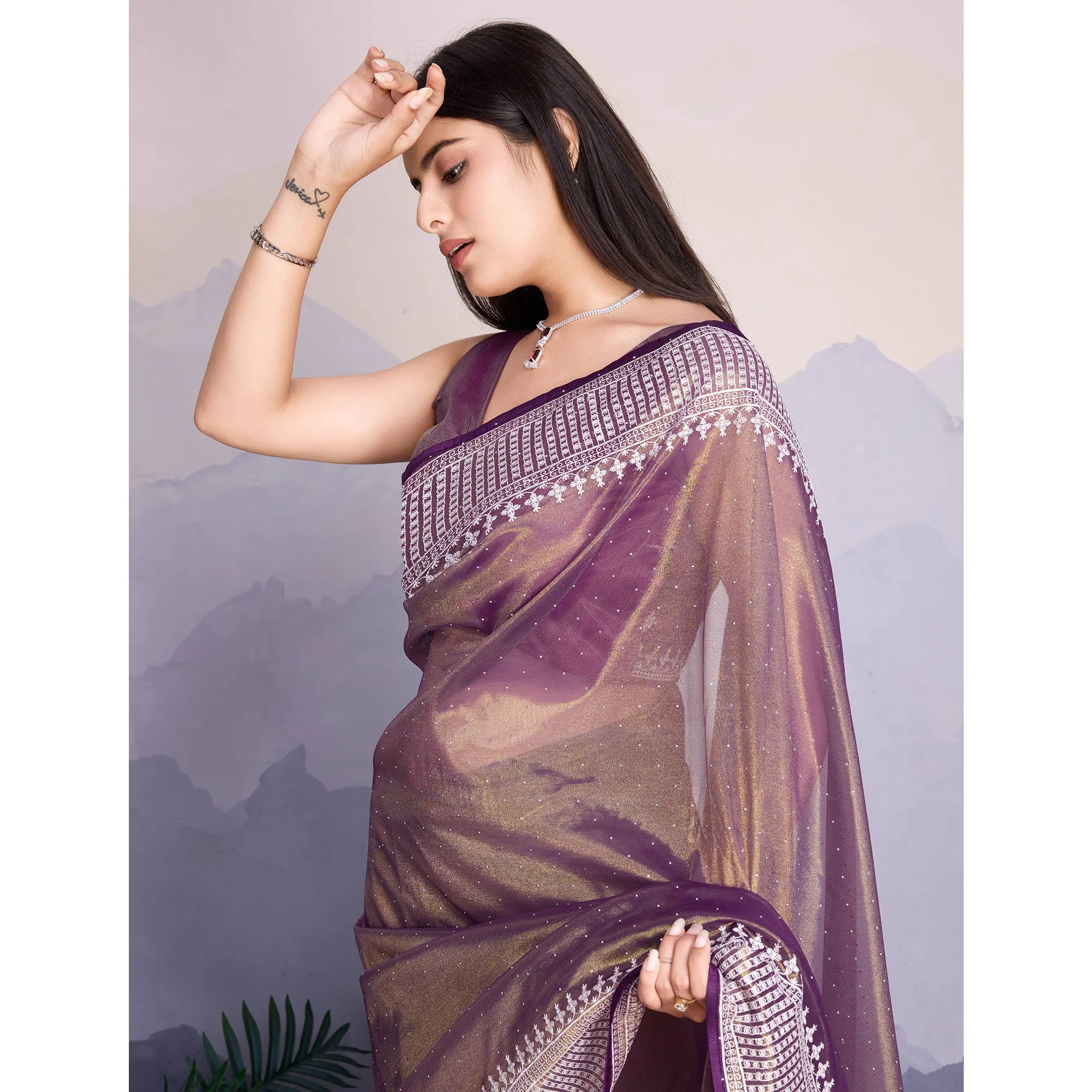 Purple Swarovski Work Embroidered Net Saree - Image 8