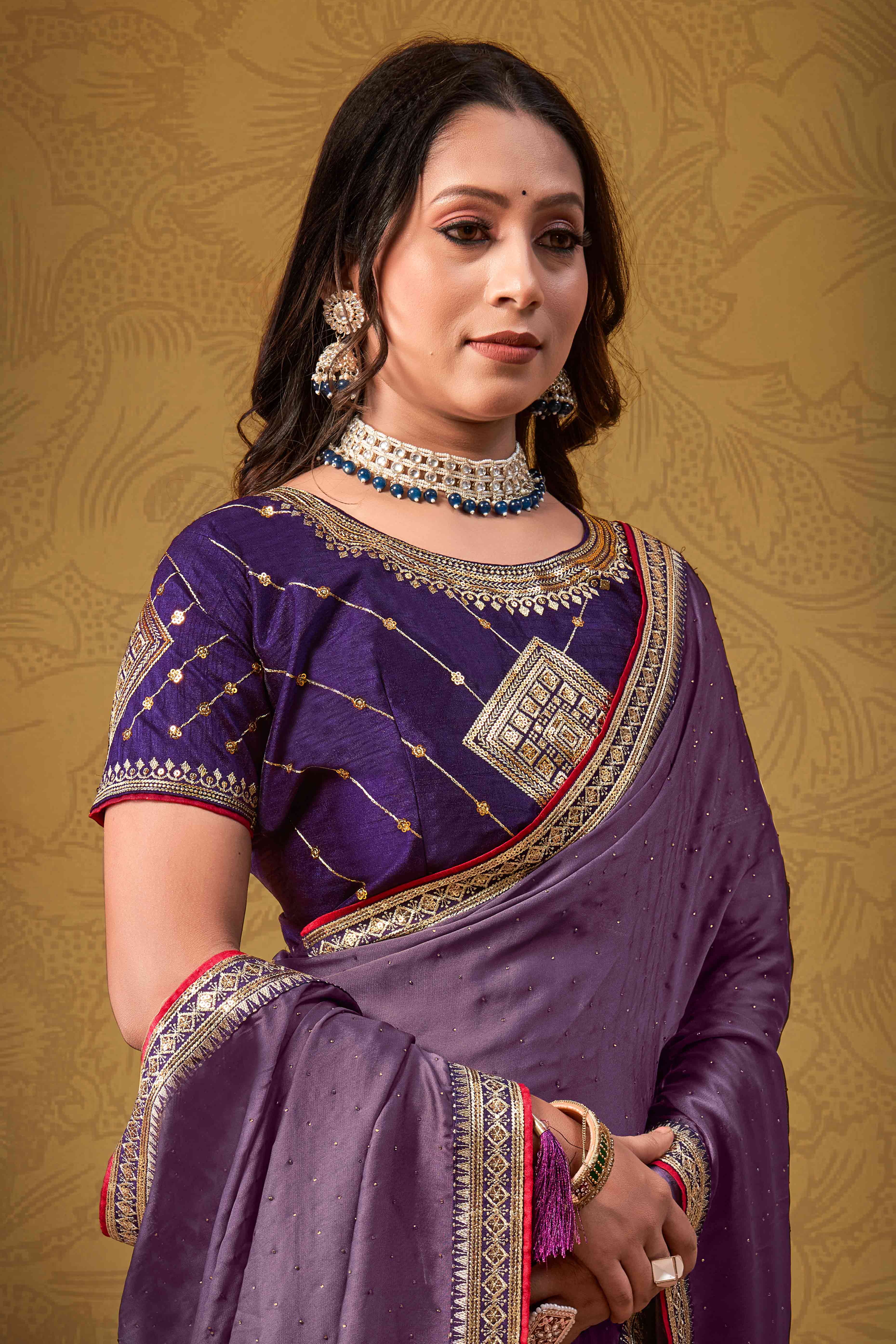 Purple Swarovski Work Satin Saree With Designer Border - Image 3