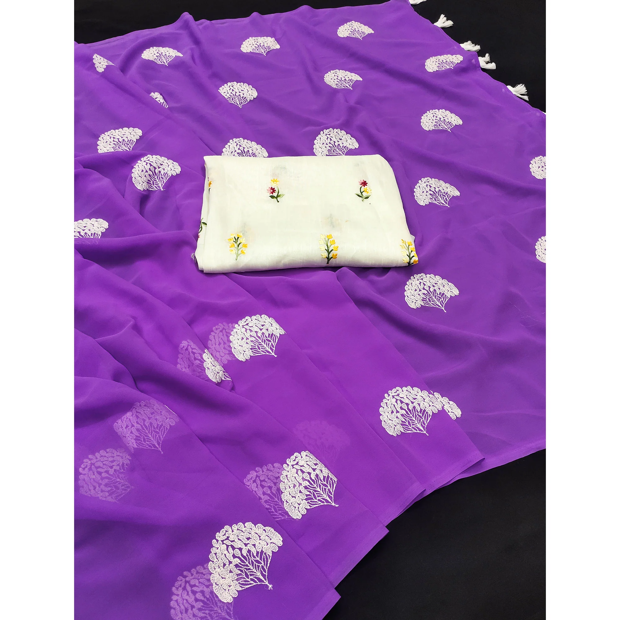 Purple Thread Embroidered Georgette Saree With Tassels - Image 3