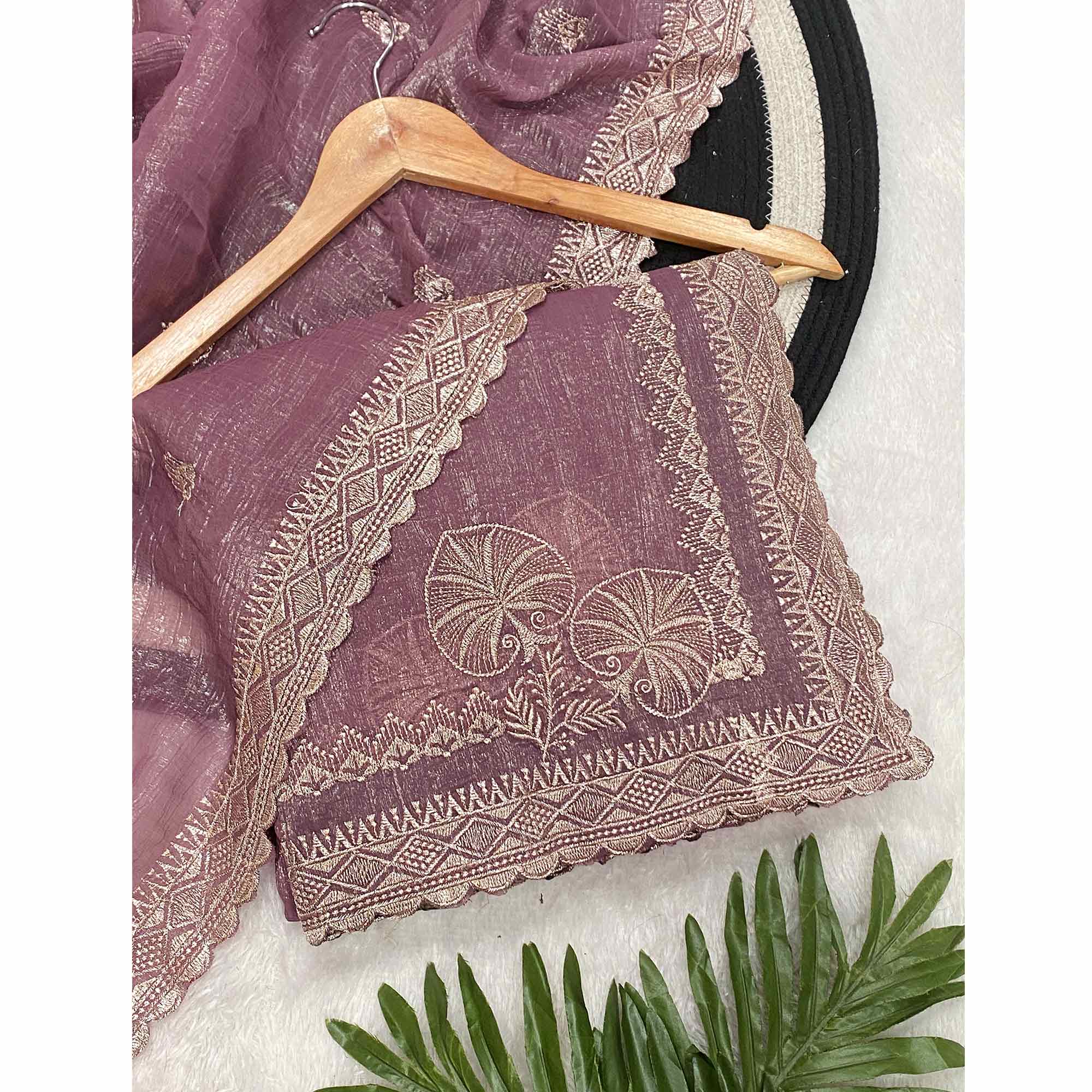 Purple Thread Work Chiffon Silk Saree Premium Crunchy Texture Festive Wear - Image 3